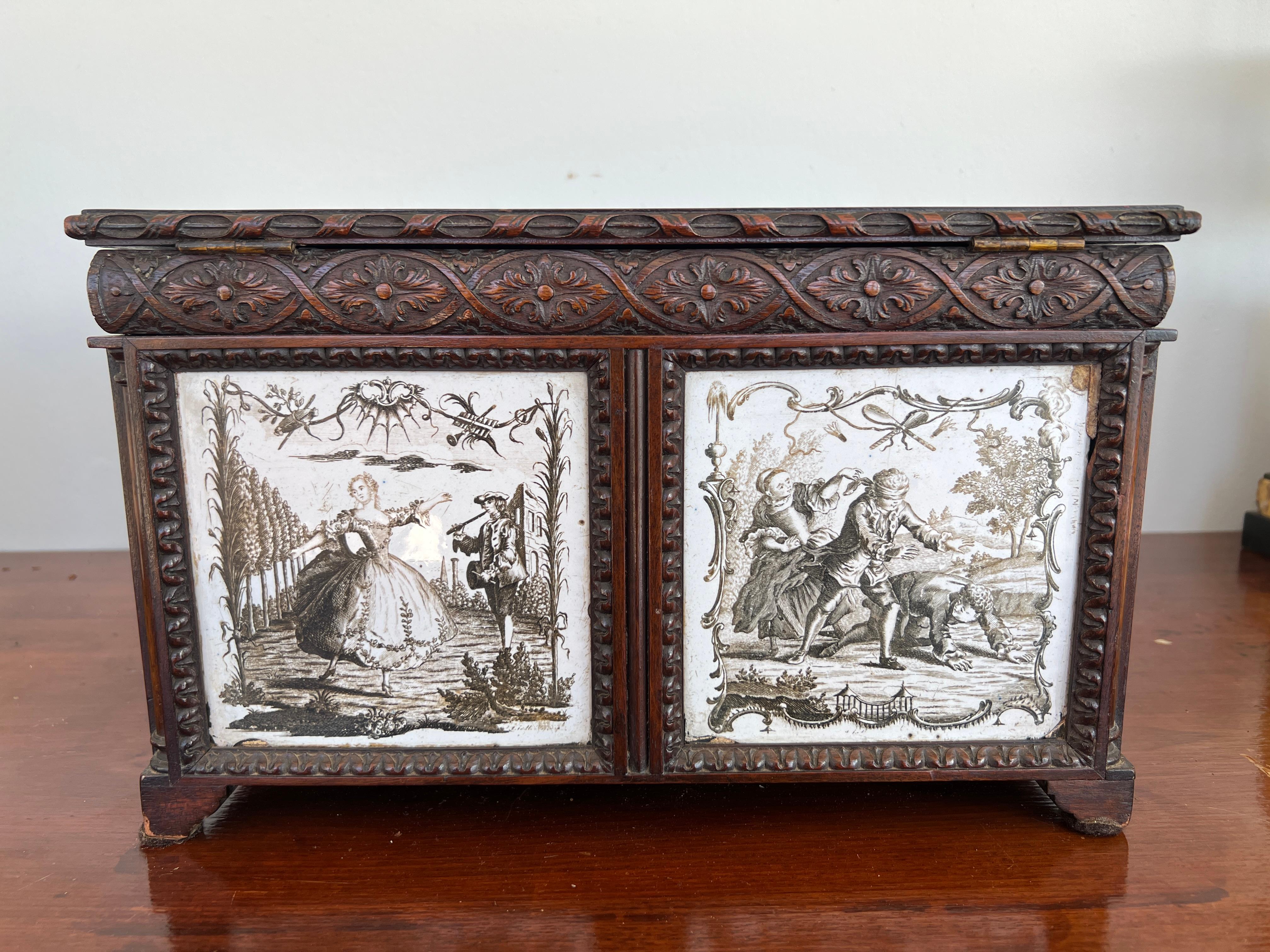 19th C. Anglo-Indian Hand Carved 4-Section Tea Caddy Inset W/ Tin Manganese Tile In Good Condition For Sale In Atlanta, GA