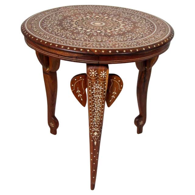 Anglo Indian Mughal Teak Wood Round Side Table with Bone Inlaid For ...