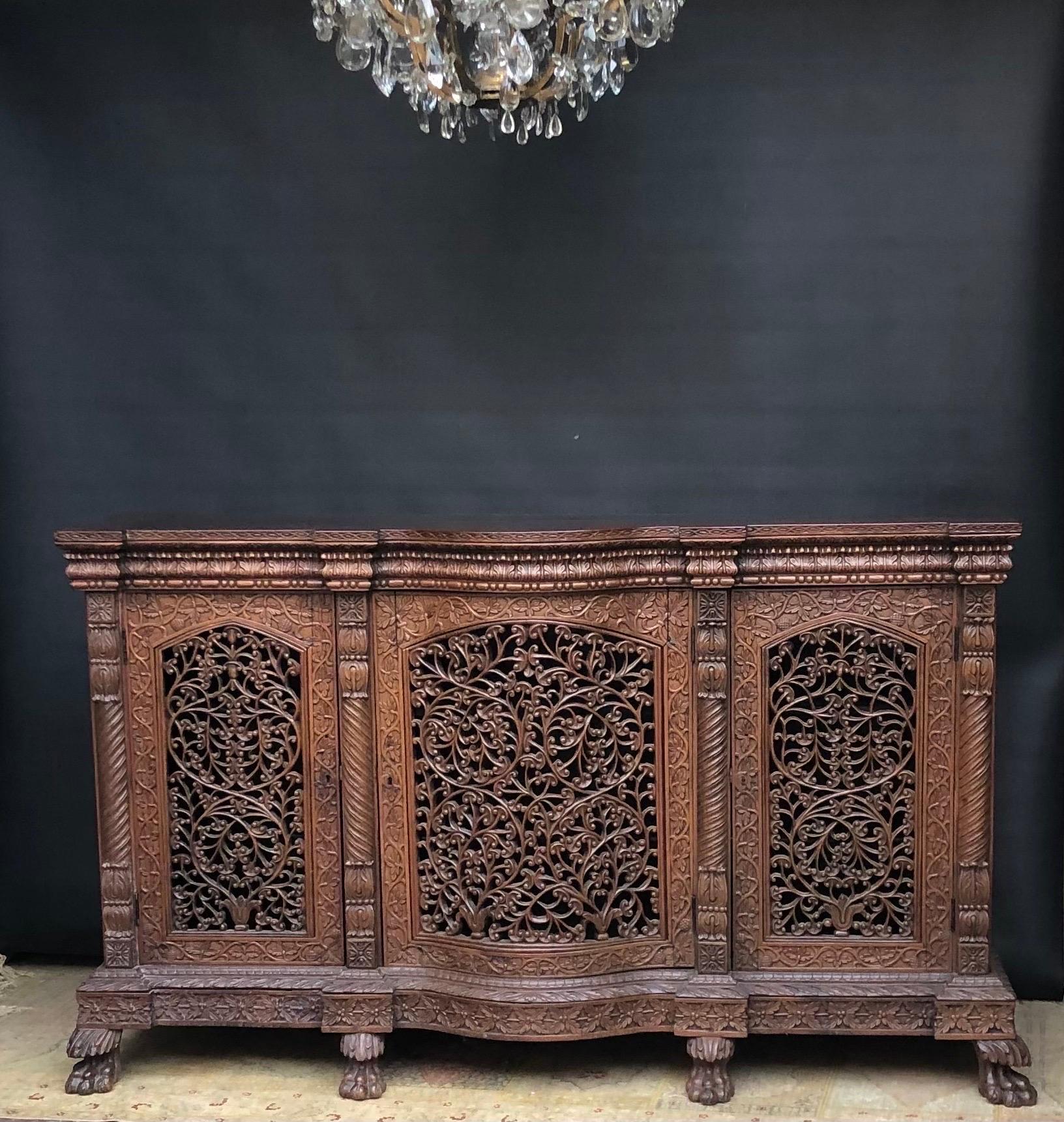 British Colonial 19th C. Anglo Indian Regency Carved Mahogany & Padouk Sideboard / Credenza For Sale
