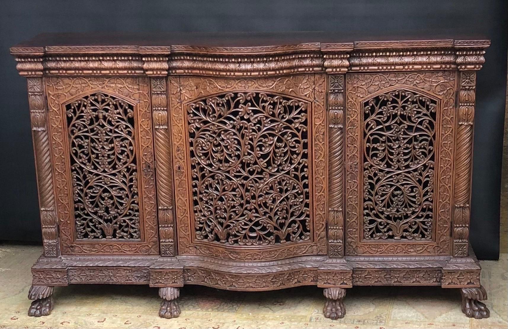 Hand-Carved 19th C. Anglo Indian Regency Carved Mahogany & Padouk Sideboard / Credenza For Sale