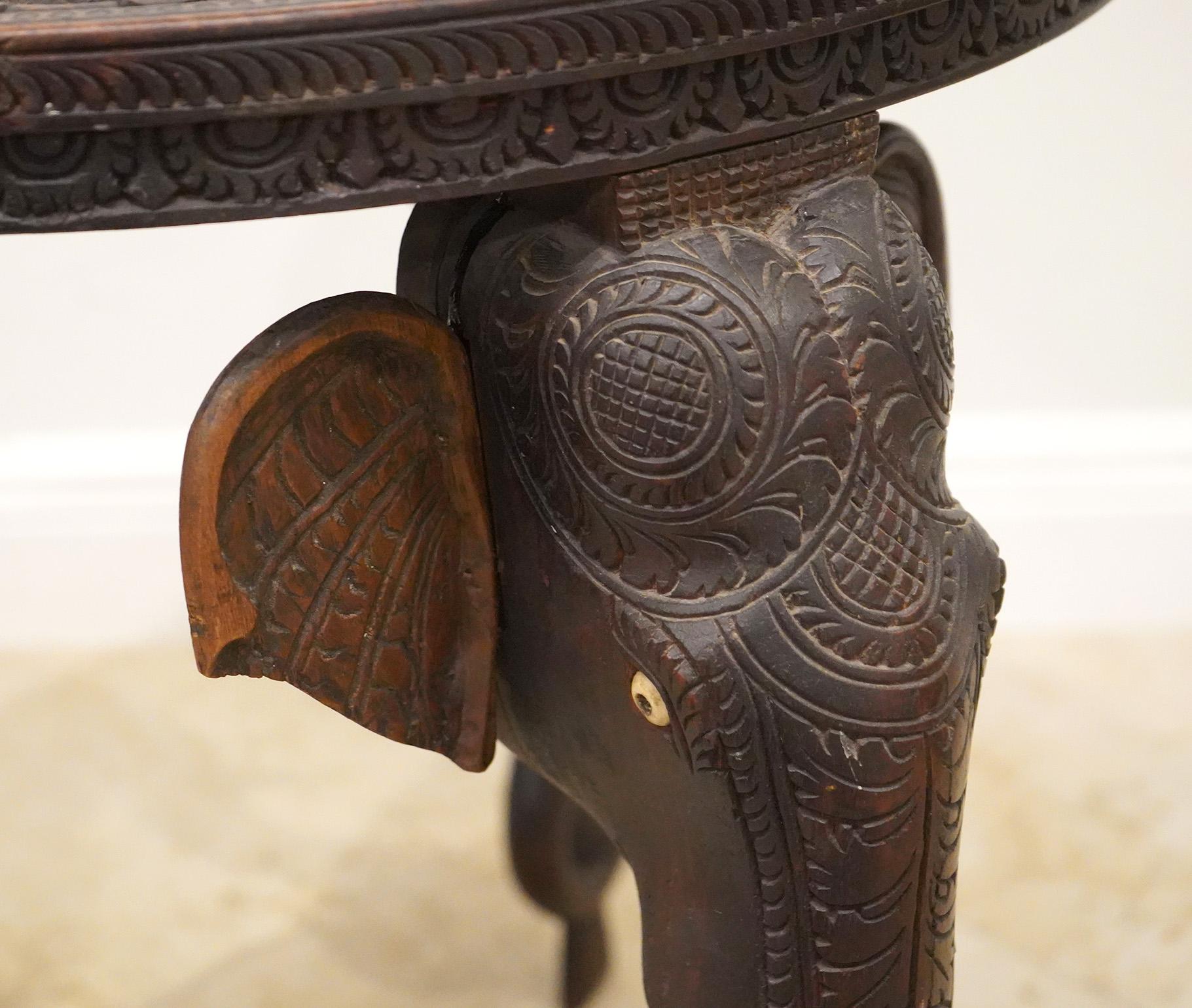 19th C. Anglo Indian Well Carved Side Table Supported by Three Elephant Heads 3