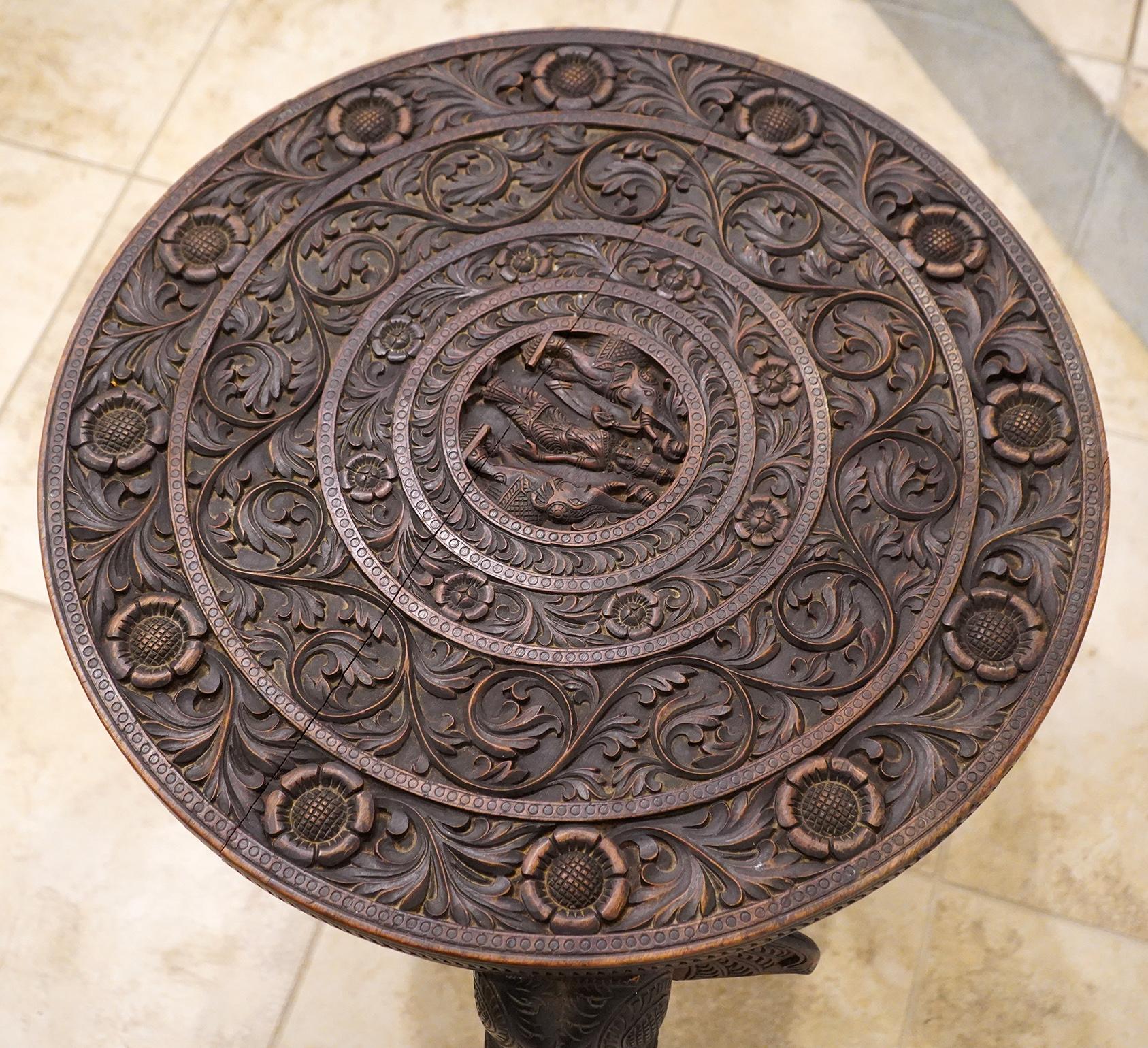 19th C. Anglo Indian Well Carved Side Table Supported by Three Elephant Heads 5