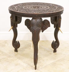 19th C. Anglo Indian Well Carved Side Table Supported by Three Elephant Heads