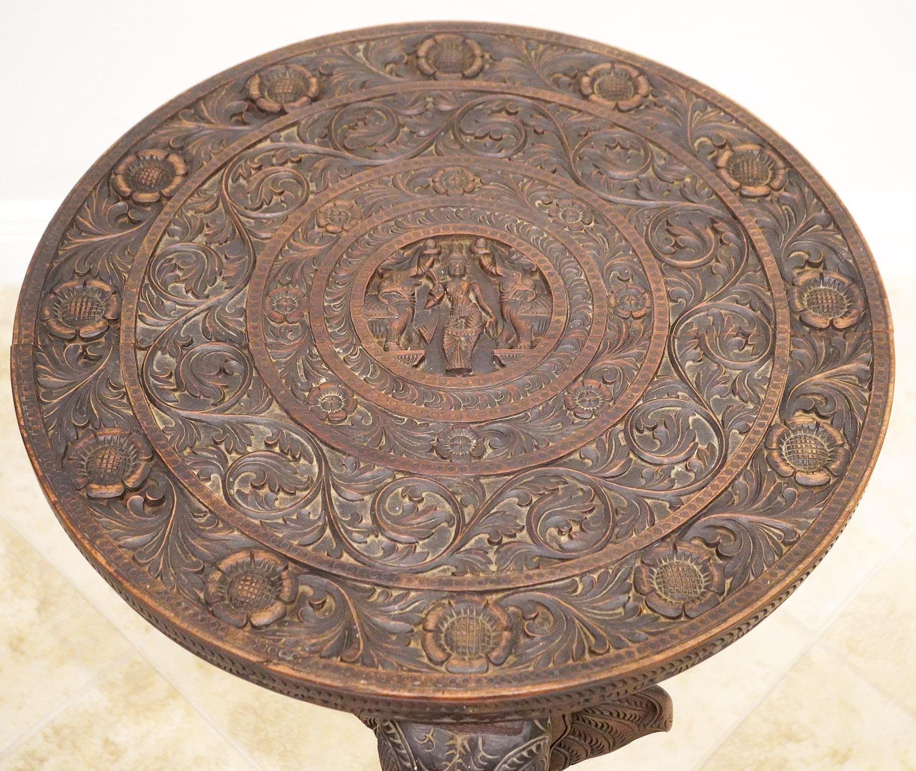 Hand-Carved 19th C. Anglo Indian Well Carved Side Table Supported by Three Elephant Heads