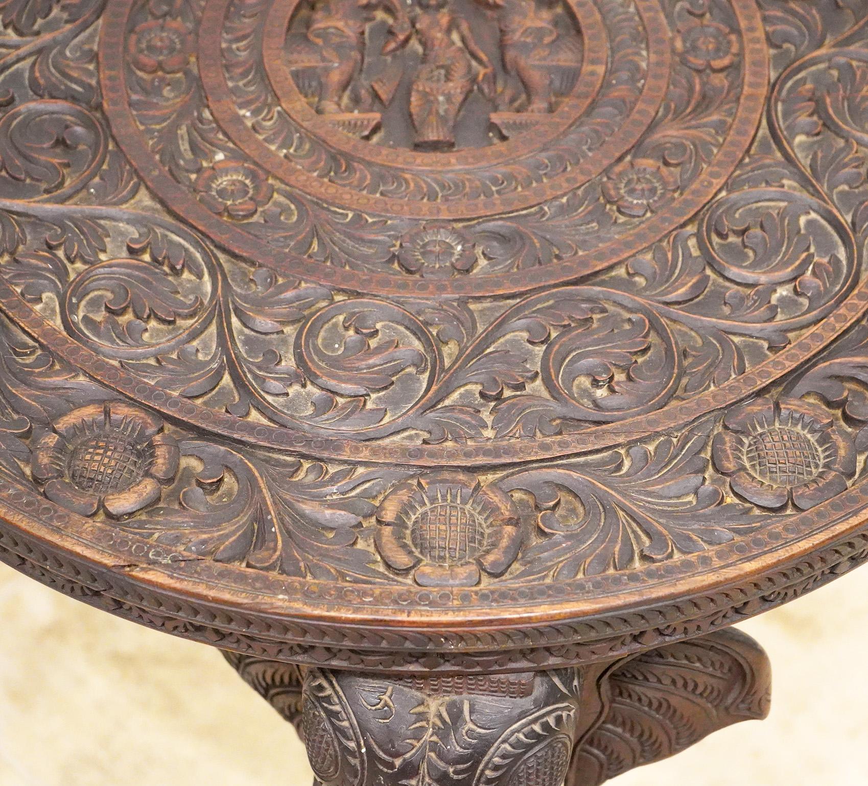 19th Century 19th C. Anglo Indian Well Carved Side Table Supported by Three Elephant Heads