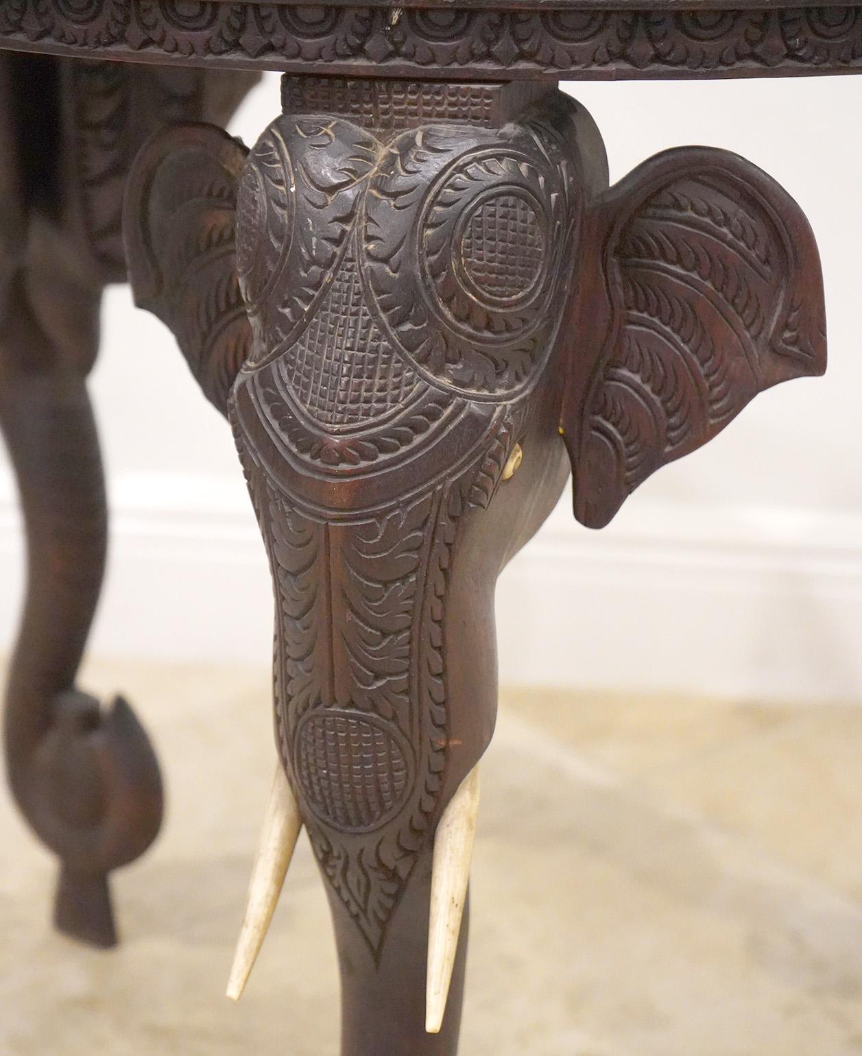 Hardwood 19th C. Anglo Indian Well Carved Side Table Supported by Three Elephant Heads