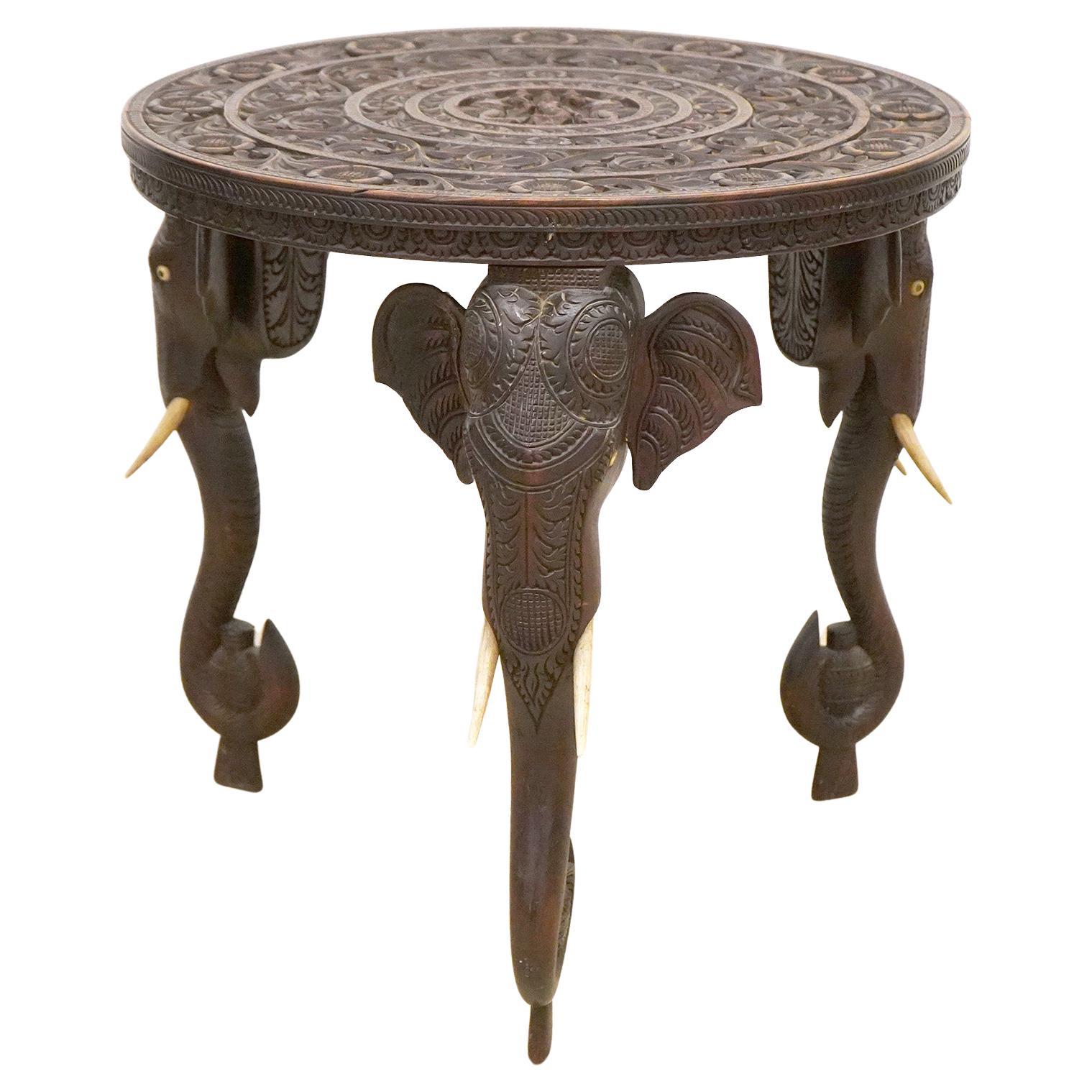 19th C. Anglo Indian Well Carved Side Table Supported by Three Elephant Heads