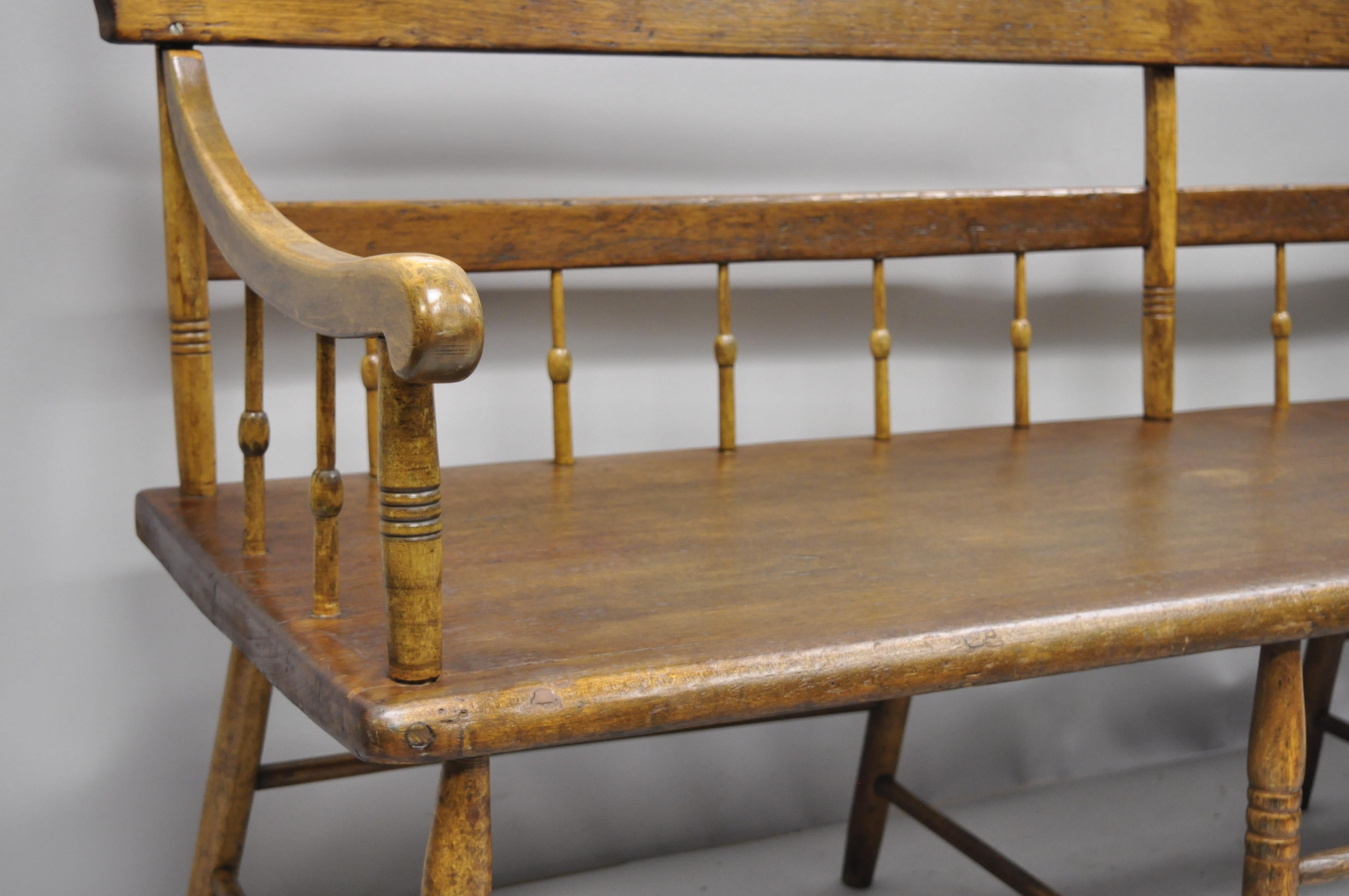 19th Century Antique American Colonial Spindle Back Pine Wood 8 Leg, Long Bench In Good Condition In Philadelphia, PA