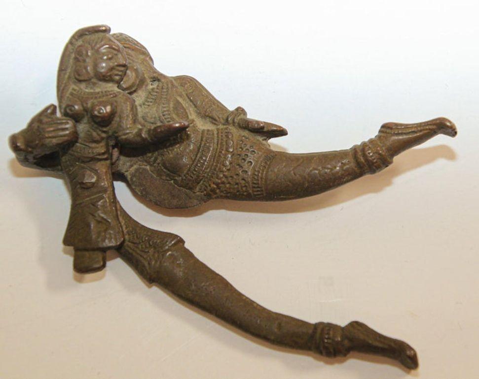 19th century antique handmade brass Radha Krishna betel nut cutter from India.
Upper side is Krishna (vishnu) and lower side is Radha, you can also called this king queen walnut Craker.
This excellent piece of art from India, made in solid bronze,