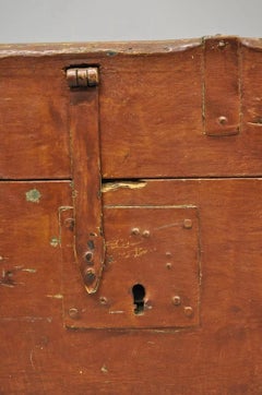 19th C Antique Brown Distress Painted Pine Wood Dovetailed Blanket Chest Trunk