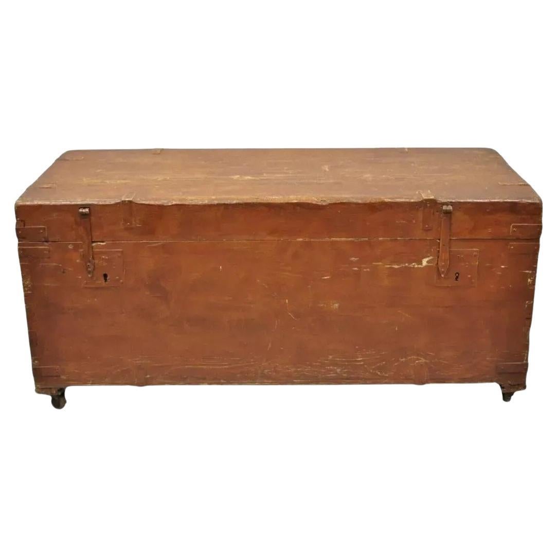 19th C Antique Brown Distress Painted Pine Wood Dovetailed Blanket Chest Trunk