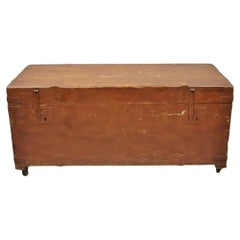19th C Antique Brown Distress Painted Pine Wood Dovetailed Blanket Chest Trunk