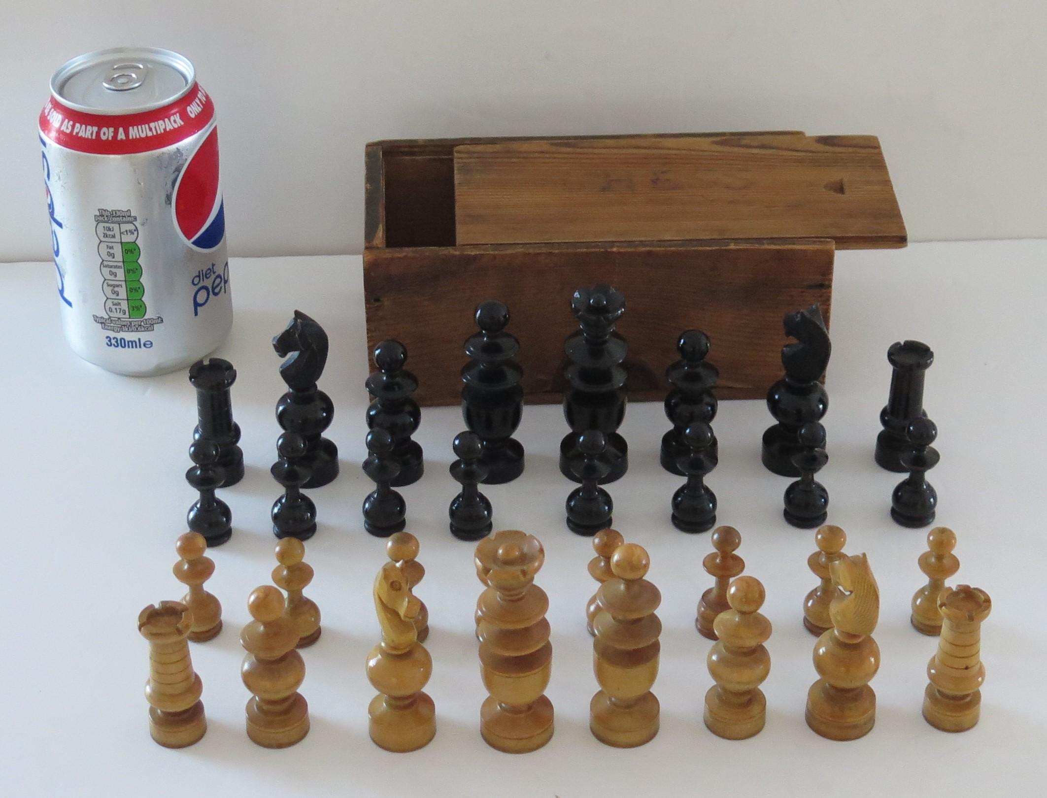 19th C Antique Chess Set Game in Regency Shape with Pine Lidded Box Kings 1