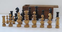 19th C Antique Chess Set Game in Regency Shape with Pine Lidded Box Kings