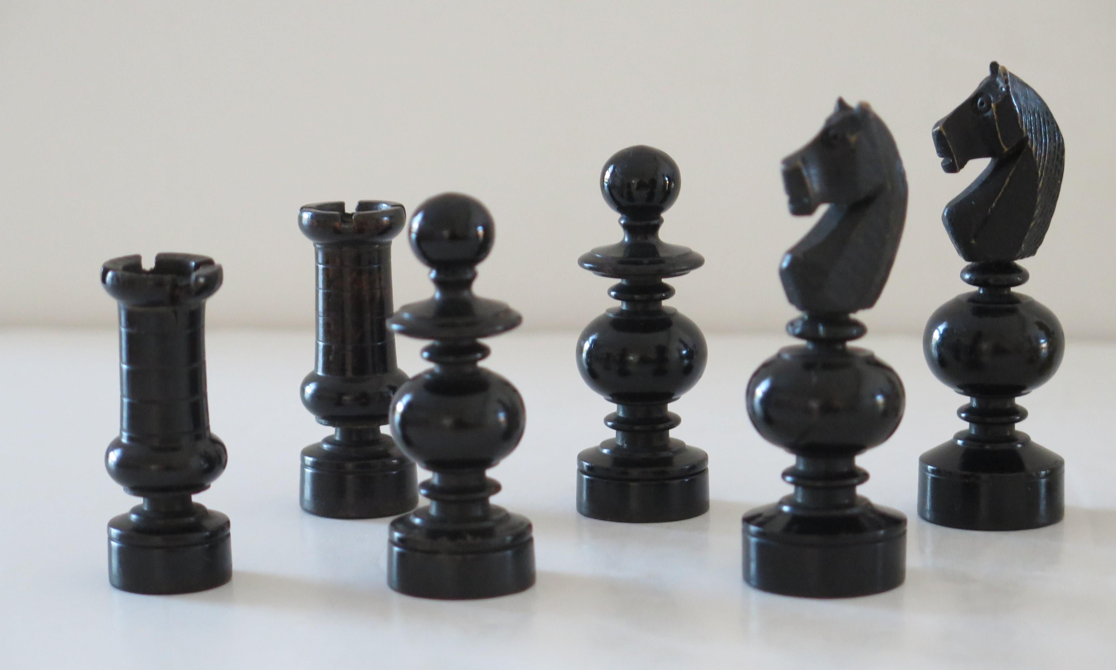 Hand-Crafted 19th C Antique Chess Set Game in Regency Shape with Pine Lidded Box Kings