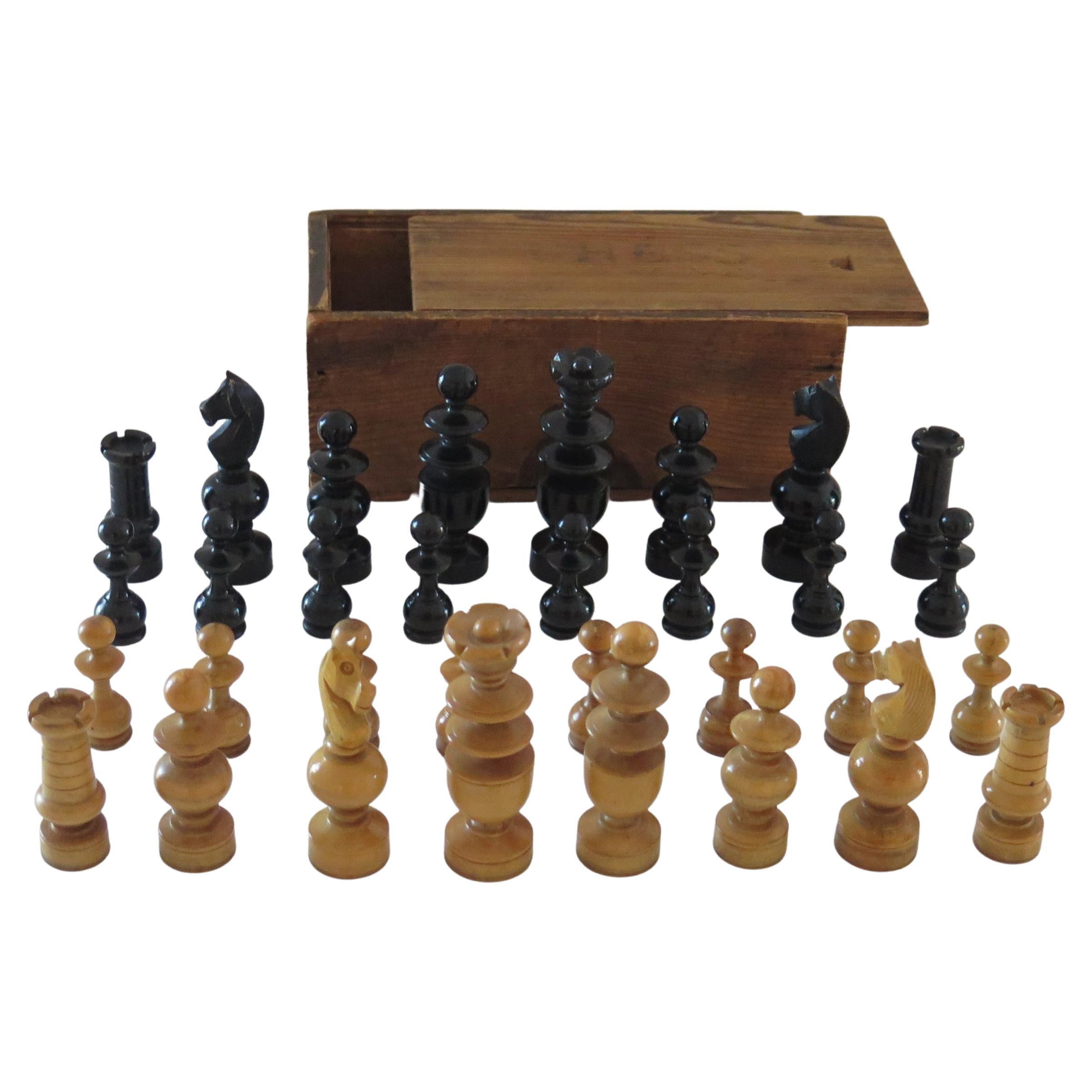 19th C Antique Chess Set Game in Regency Shape with Pine Lidded Box Kings