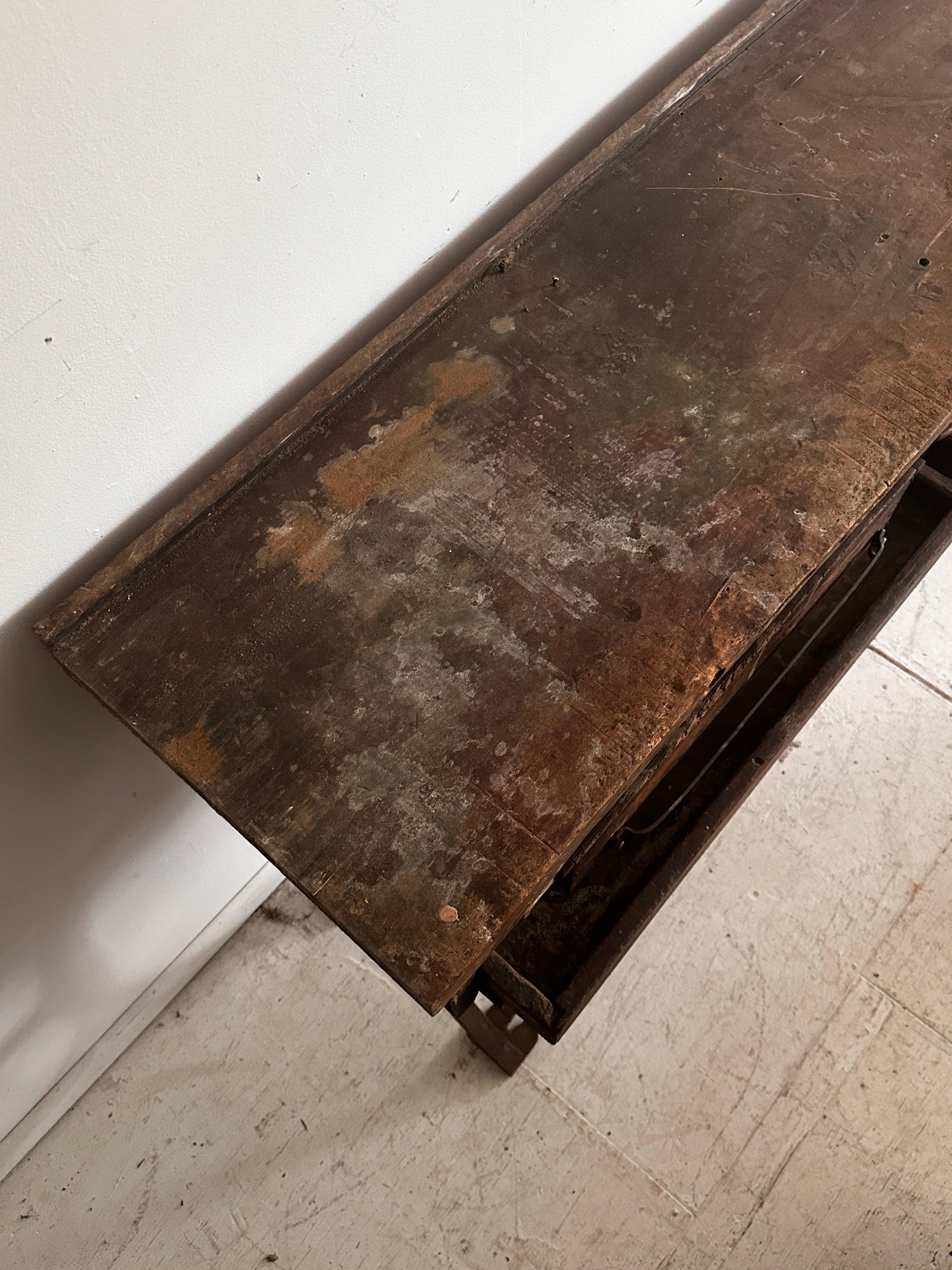19th C Antique Distressed Industrial Work Table or Console Leiman Brothers For Sale 5