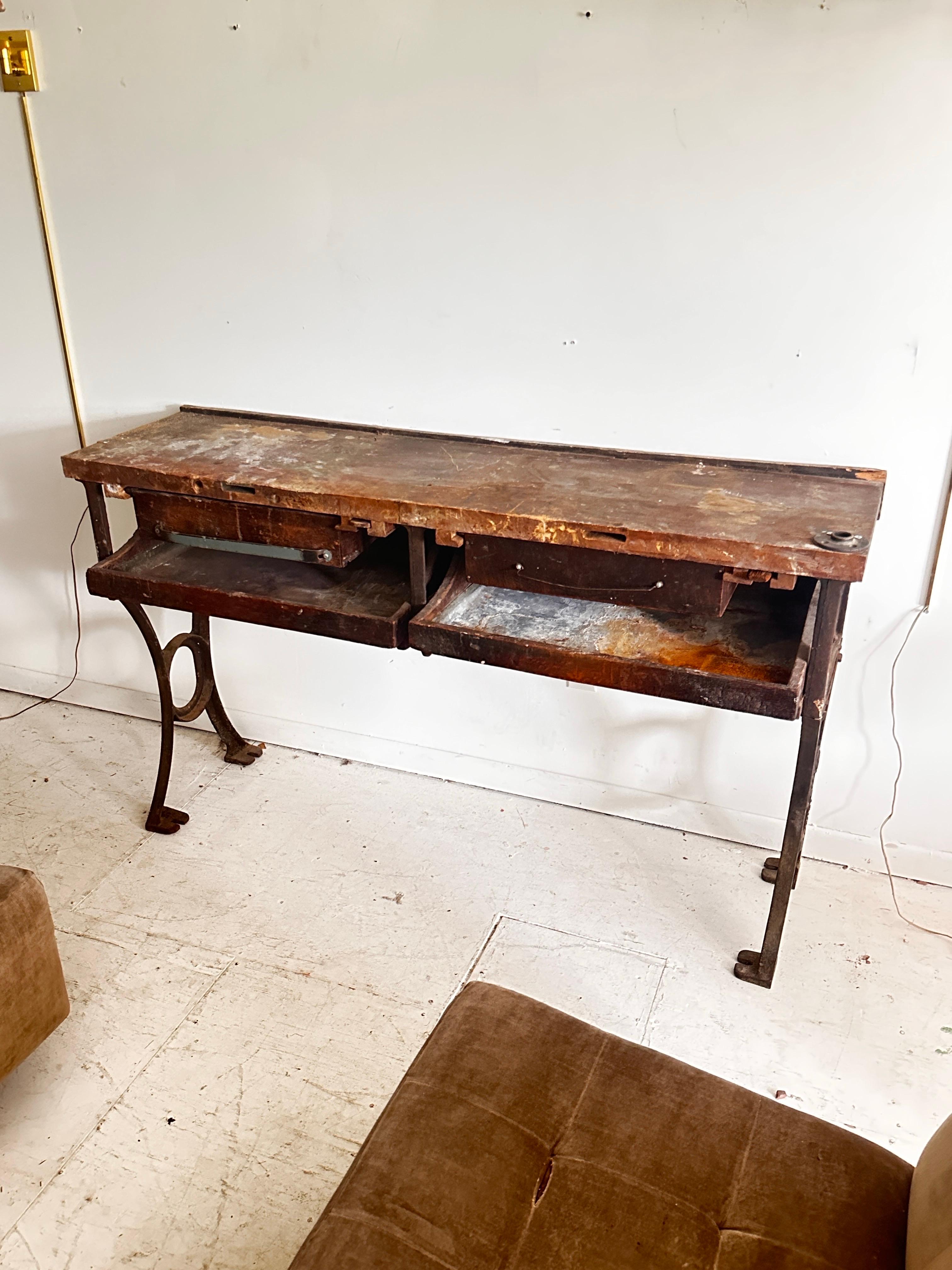 19th C Antique Distressed Industrial Work Table or Console Leiman Brothers For Sale 8
