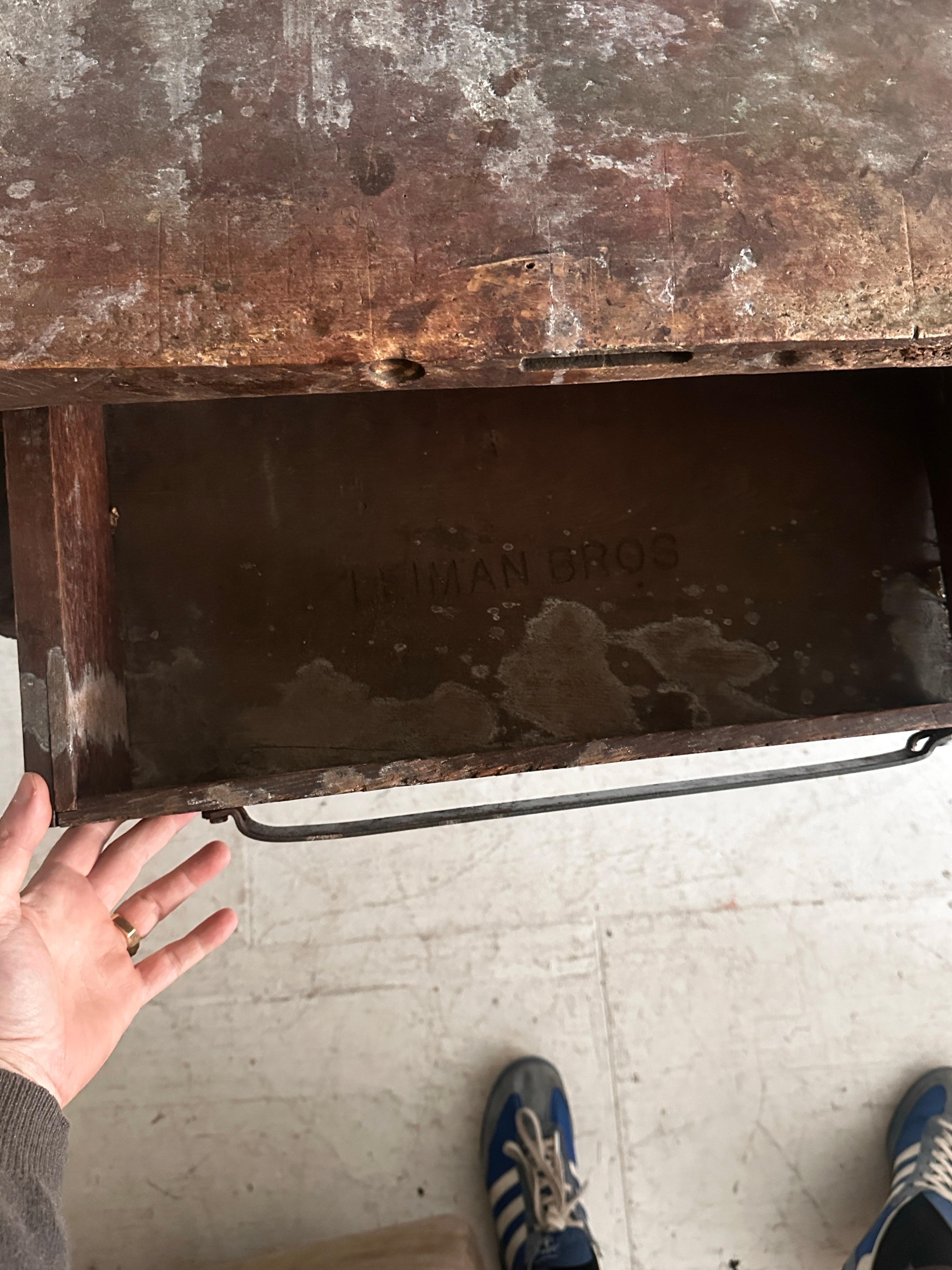 19th C Antique Distressed Industrial Work Table or Console Leiman Brothers For Sale 9