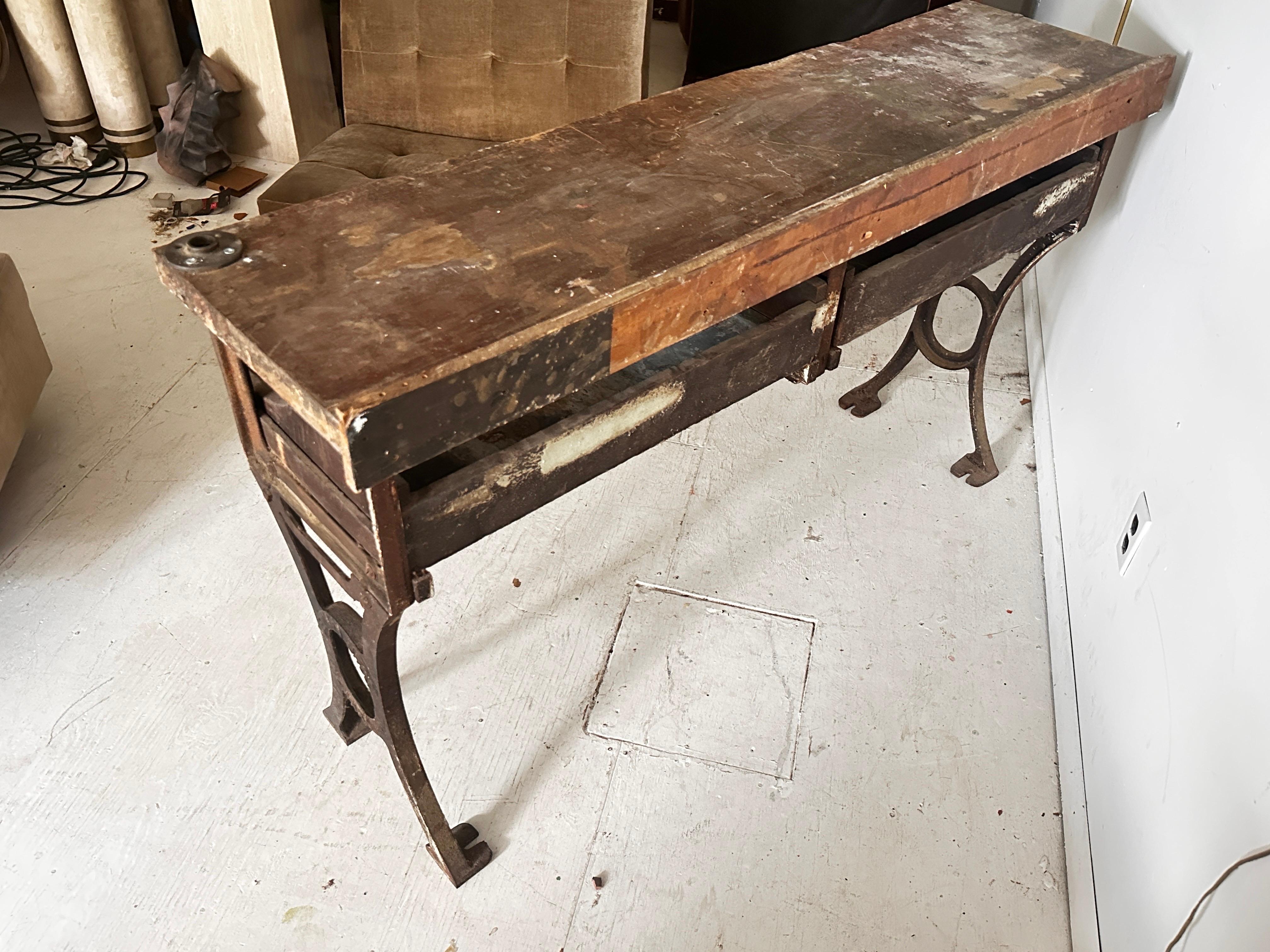 19th C Antique Distressed Industrial Work Table or Console Leiman Brothers For Sale 10