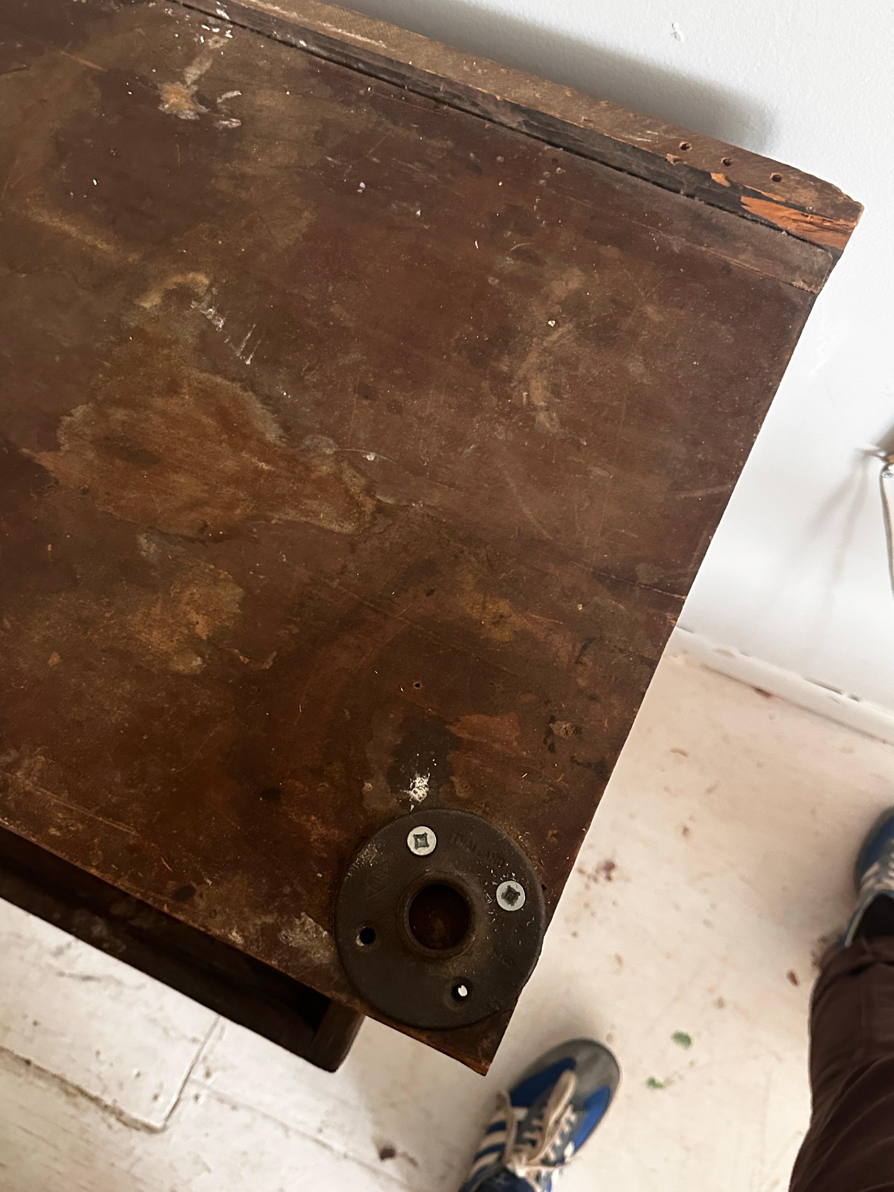 19th C Antique Distressed Industrial Work Table or Console Leiman Brothers For Sale 11