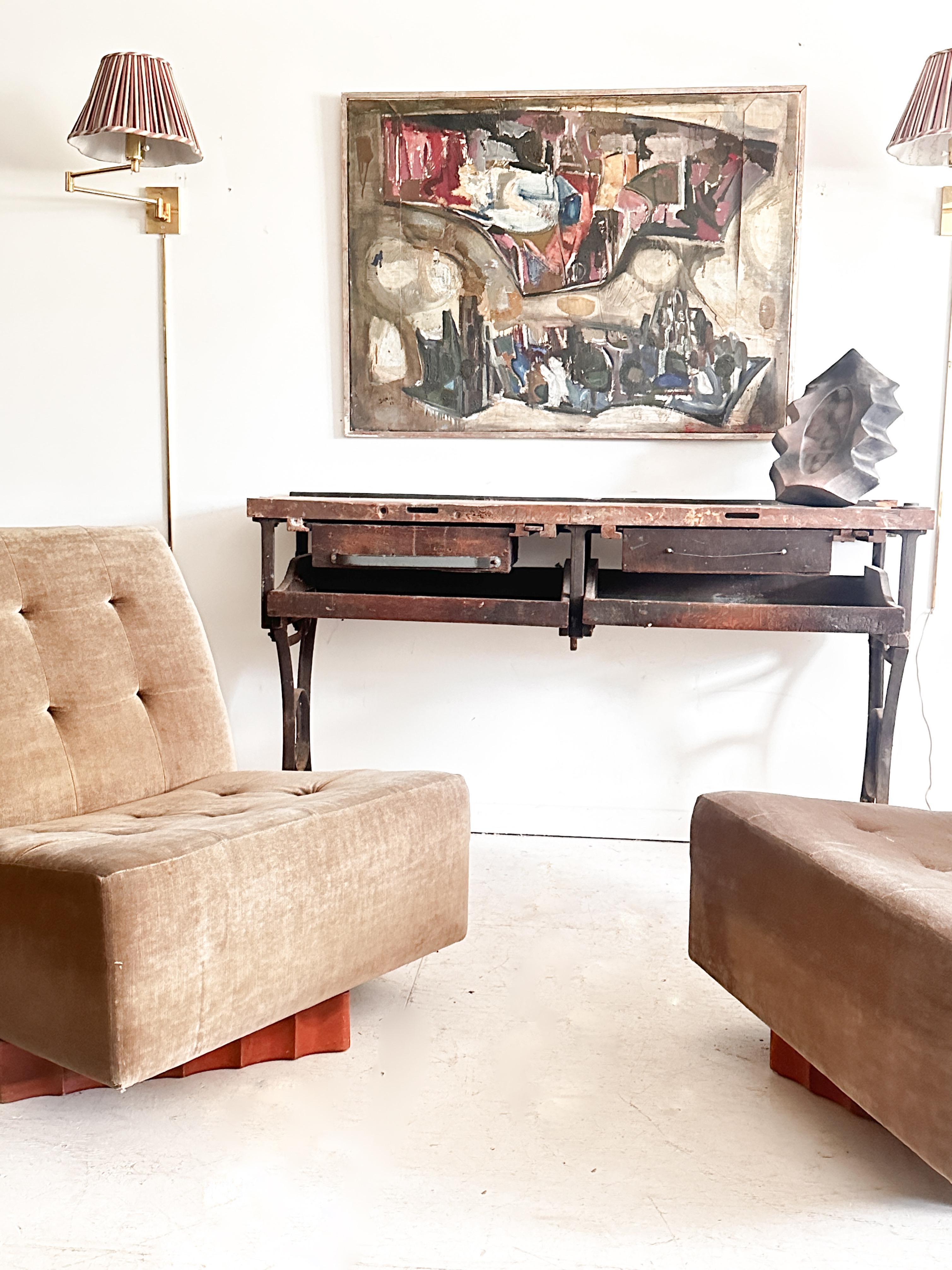 So extremely charming, heavy patina and surface marks. Designed by ‘Leiman Bros’ as an industrial work table likely 1890-1910. Perfect size for a console, slim and tall. 

Obviously heavy wear and patina, as what makes it charming. Sturdy. Doesn’t