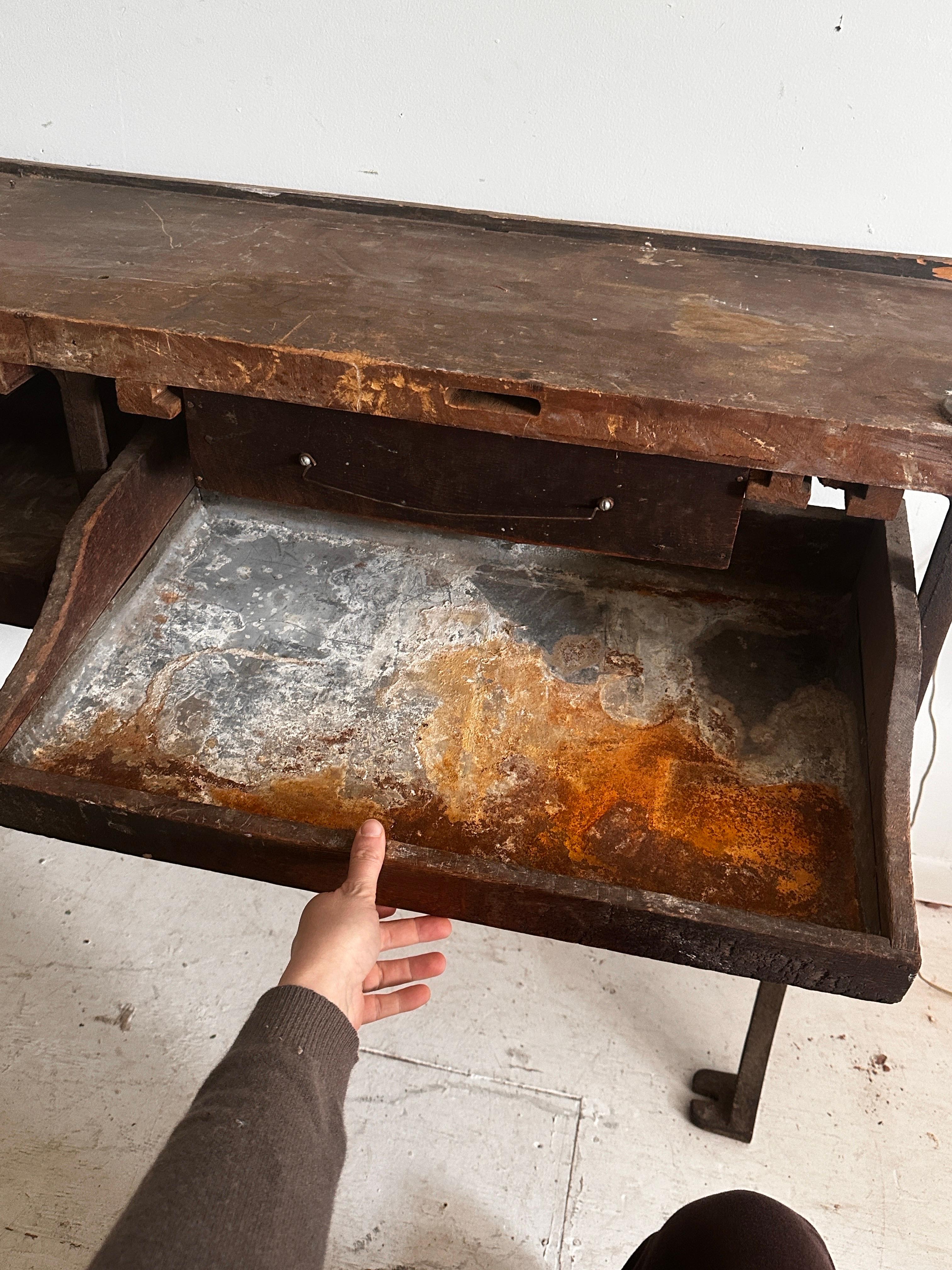 American 19th C Antique Distressed Industrial Work Table or Console Leiman Brothers For Sale