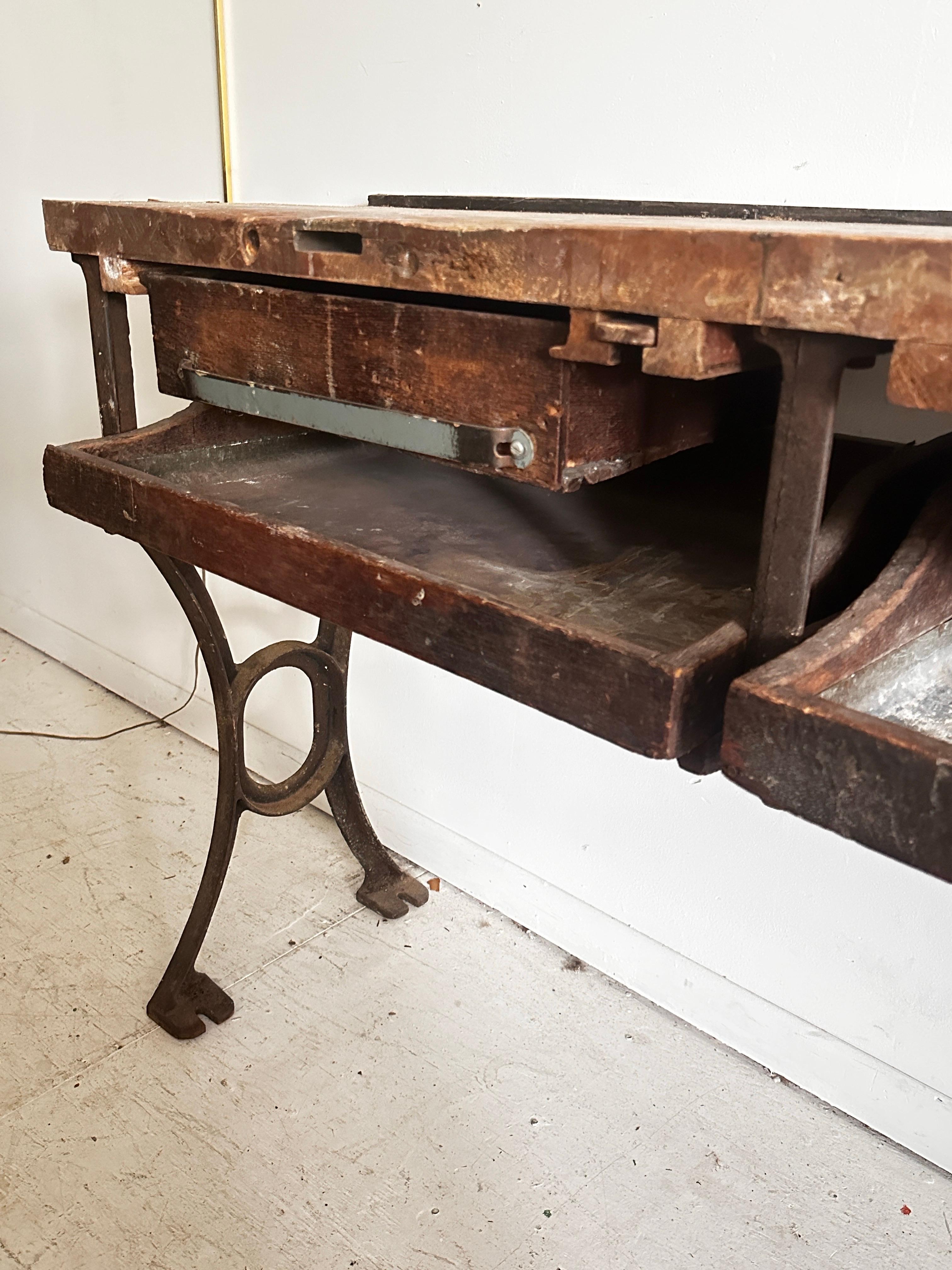 19th C Antique Distressed Industrial Work Table or Console Leiman Brothers In Distressed Condition For Sale In Farmingdale, NJ