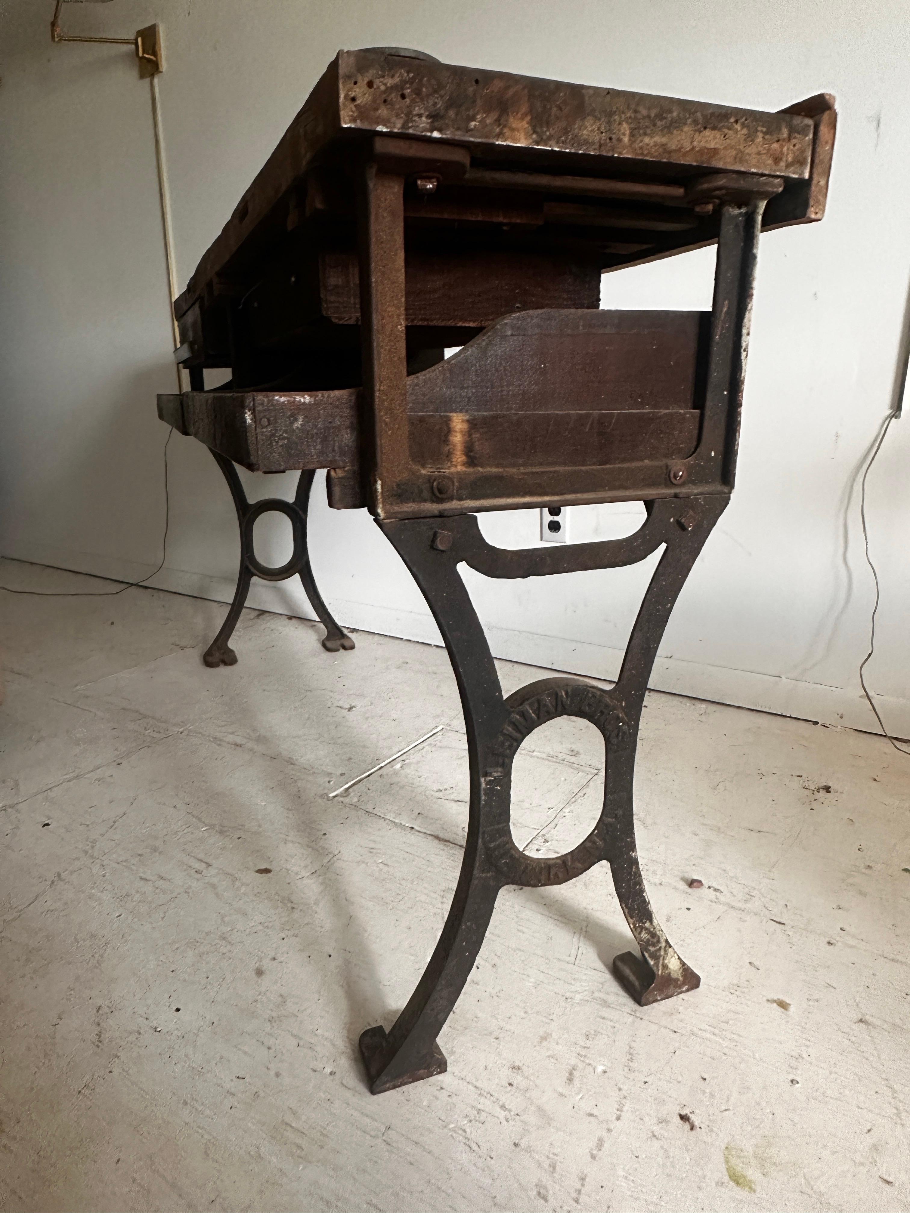 19th Century 19th C Antique Distressed Industrial Work Table or Console Leiman Brothers For Sale