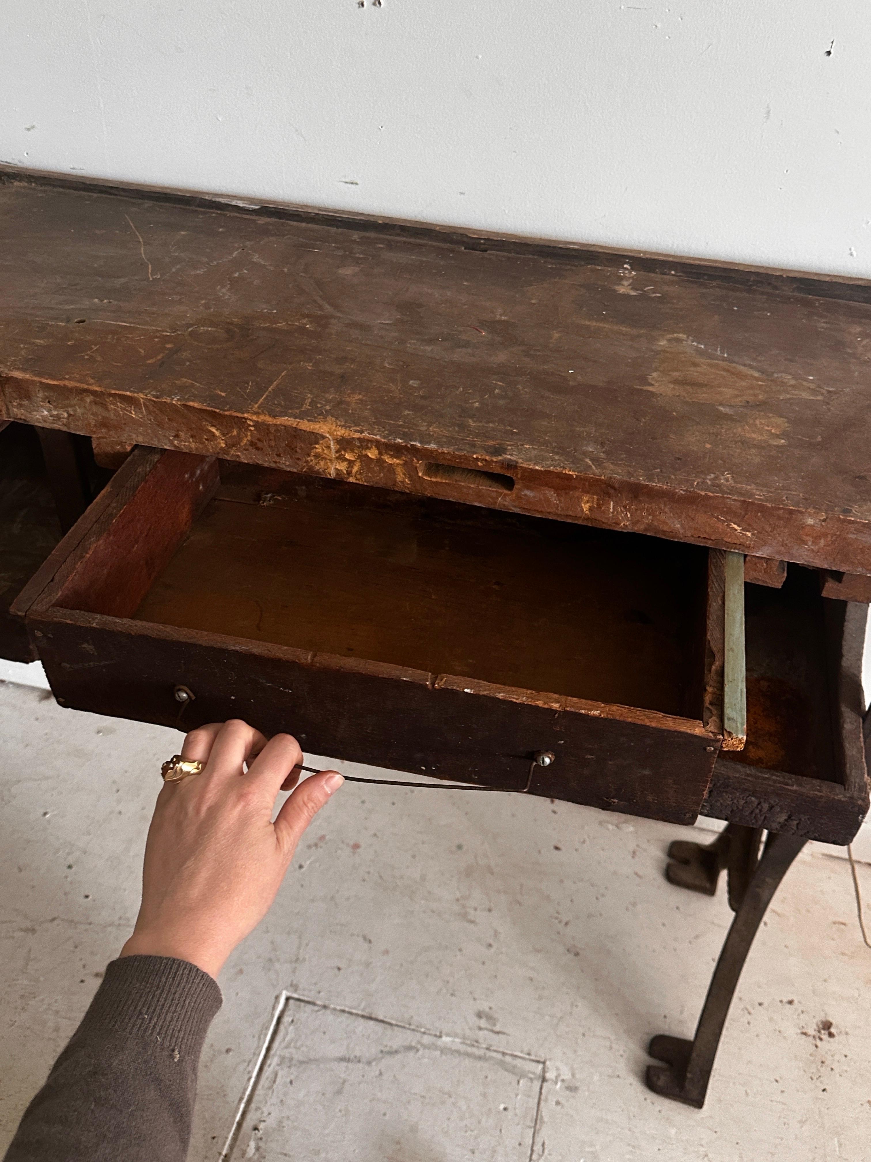 19th C Antique Distressed Industrial Work Table or Console Leiman Brothers For Sale 1