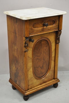 19th C. Antique Eastlake Victorian Marble Top Burl Walnut Nightstand Work Table