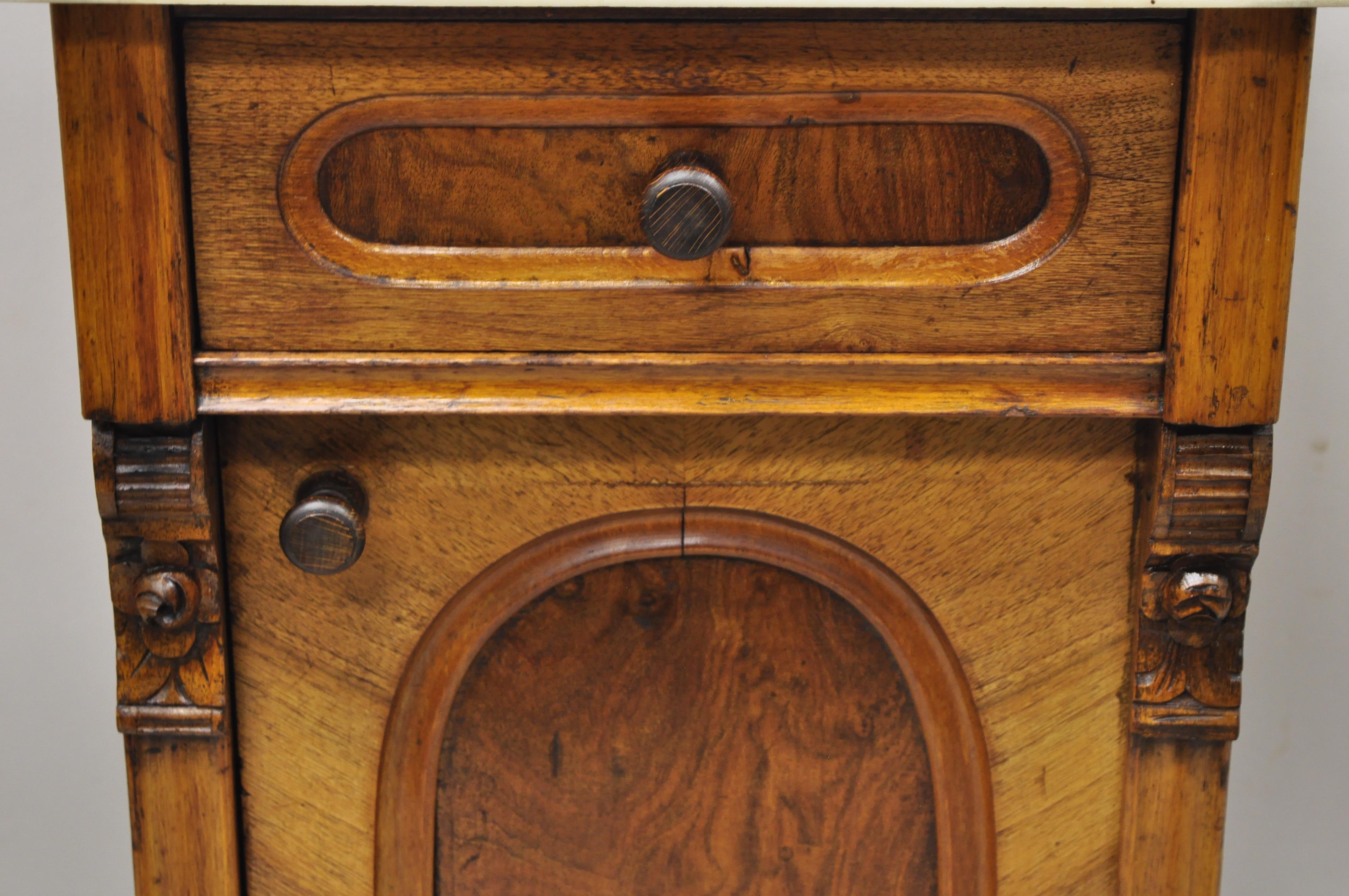 North American 19th C. Antique Eastlake Victorian Marble Top Burl Walnut Nightstand Work Table