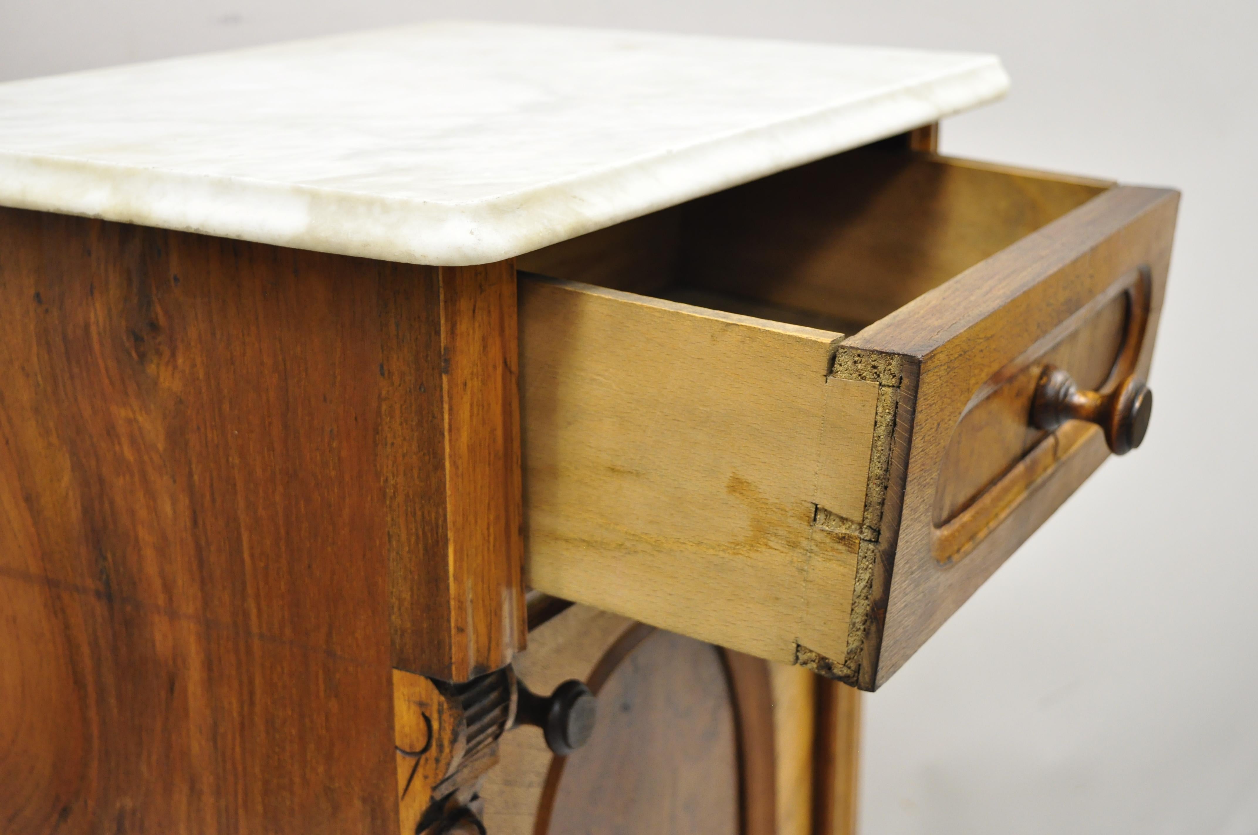 19th Century 19th C. Antique Eastlake Victorian Marble Top Burl Walnut Nightstand Work Table