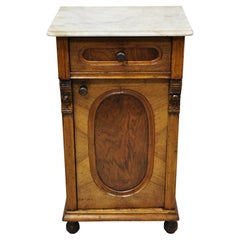 19th C. Antique Eastlake Victorian Marble Top Burl Walnut Nightstand Work Table