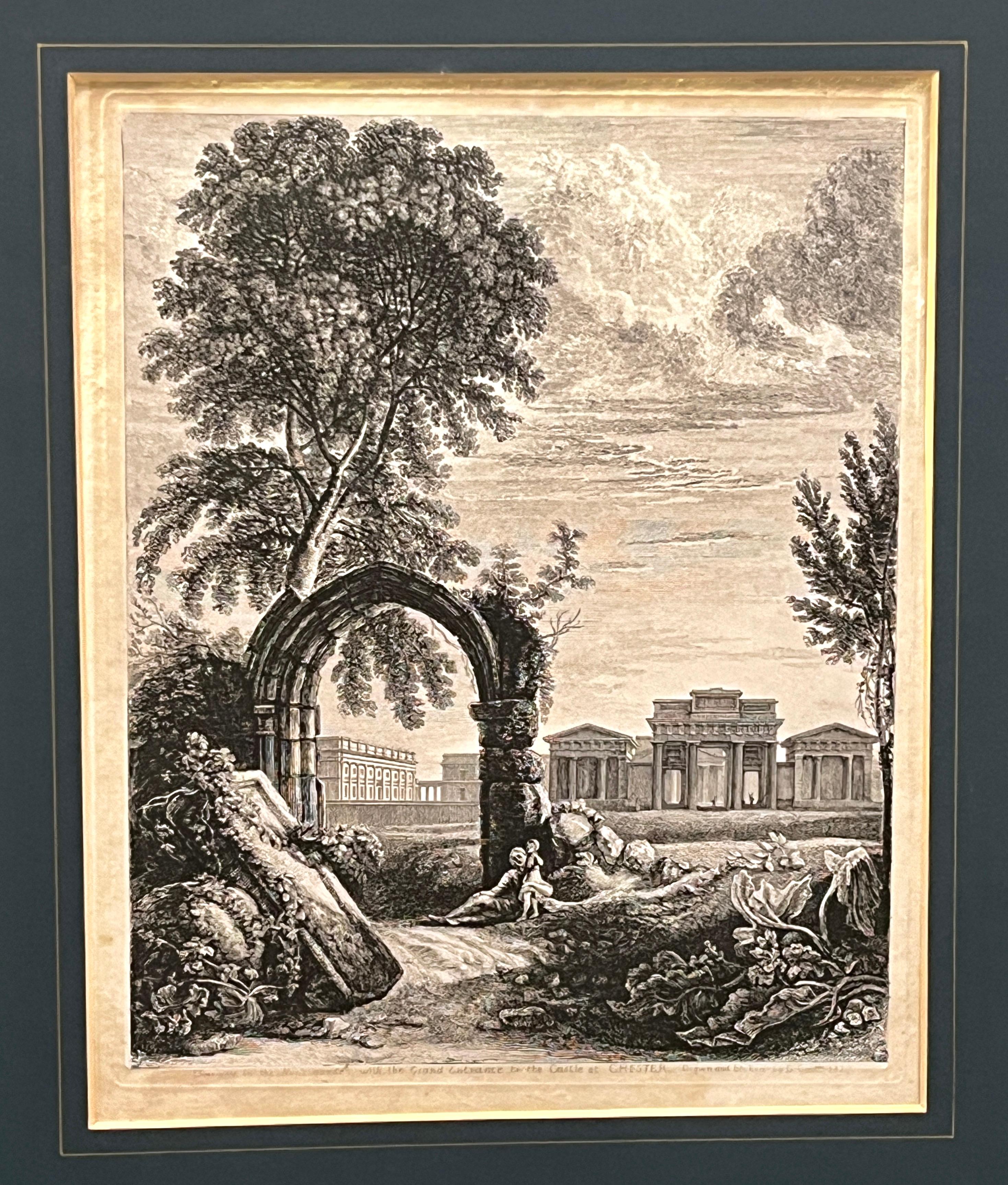 19th C. Antique English Chester Castle Gold Framed Green Mat Black White Etching For Sale 7