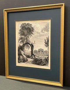 19th C. Antique English Chester Castle Gold Framed Green Mat Black White Etching