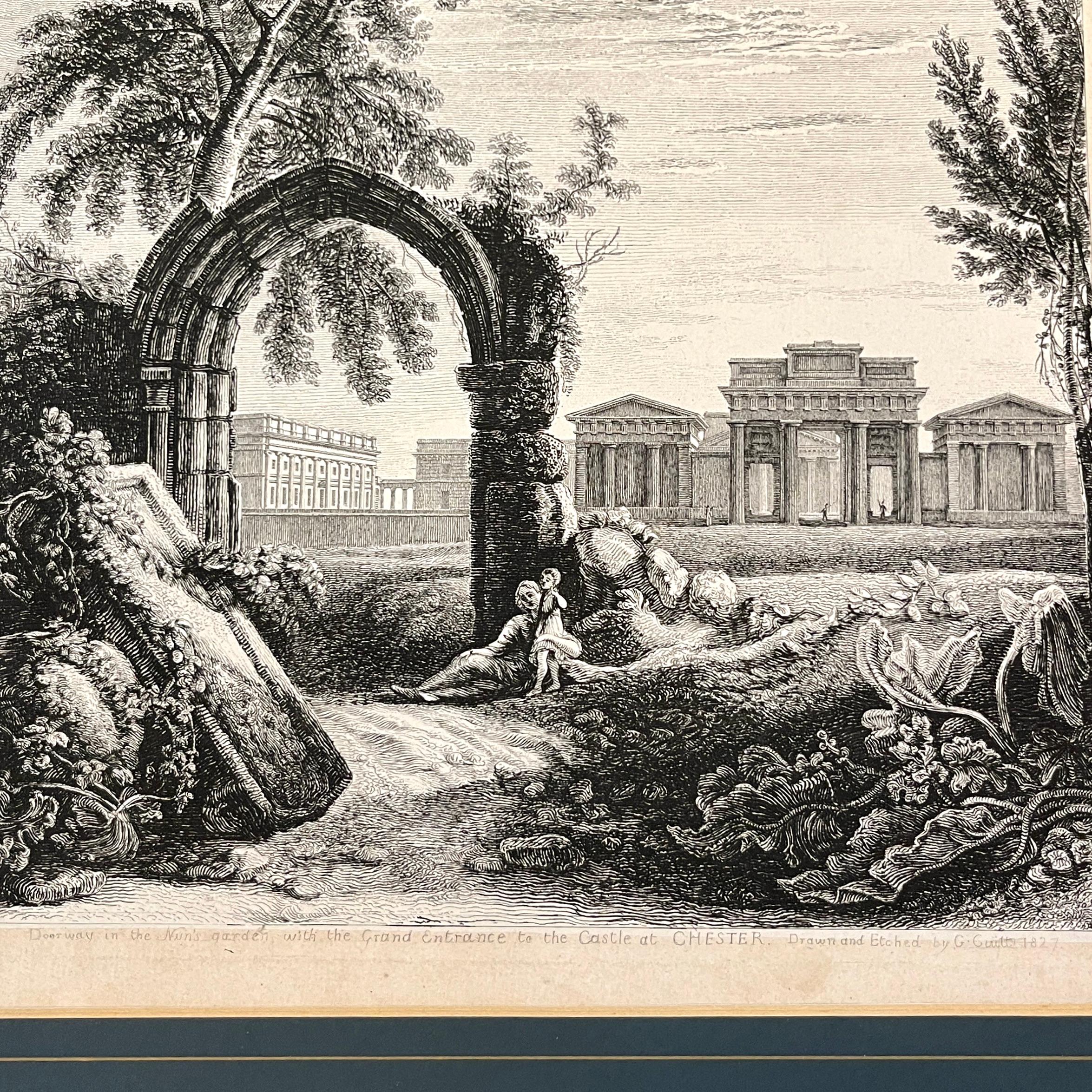 Georgian 19th C. Antique English Chester Castle Gold Framed Green Mat Black White Etching For Sale