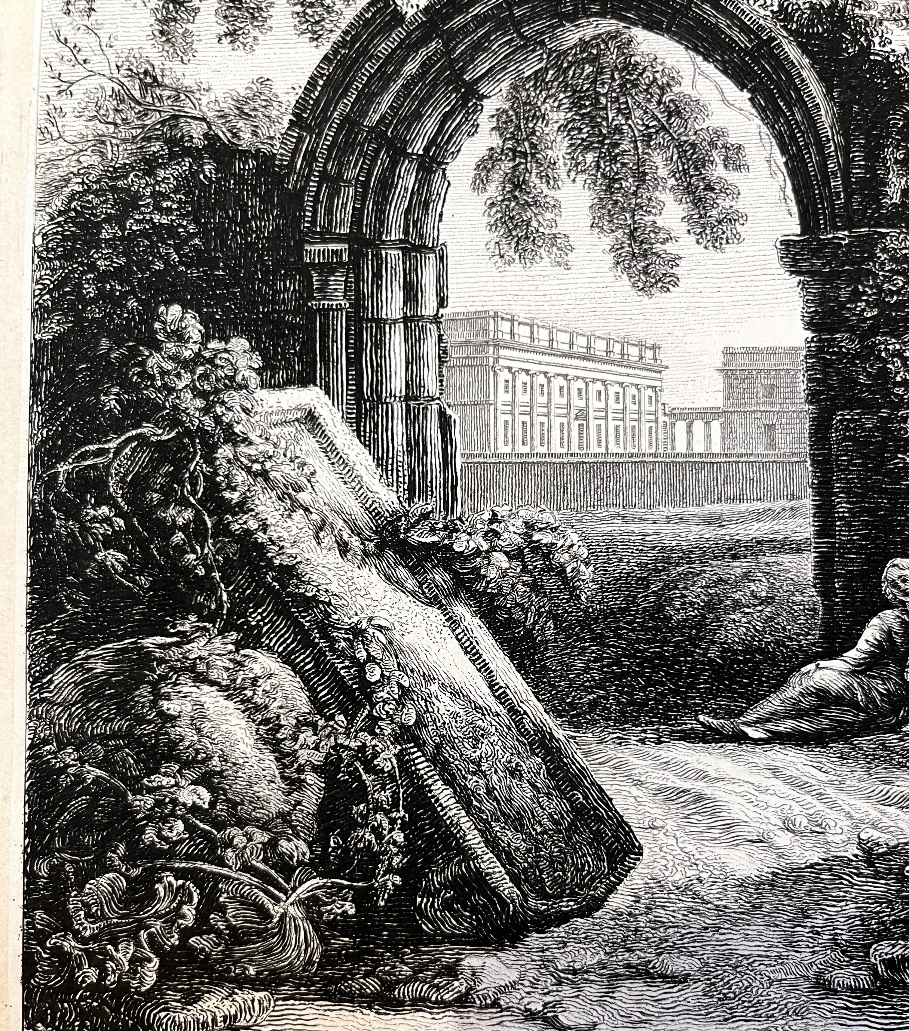 Etched 19th C. Antique English Chester Castle Gold Framed Green Mat Black White Etching For Sale
