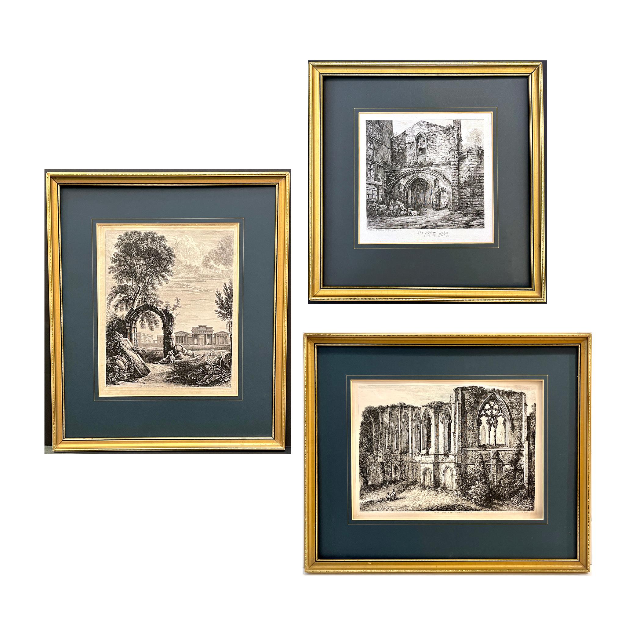 Wood 19th C. Antique English Chester Castle Gold Framed Green Mat Black White Etching For Sale
