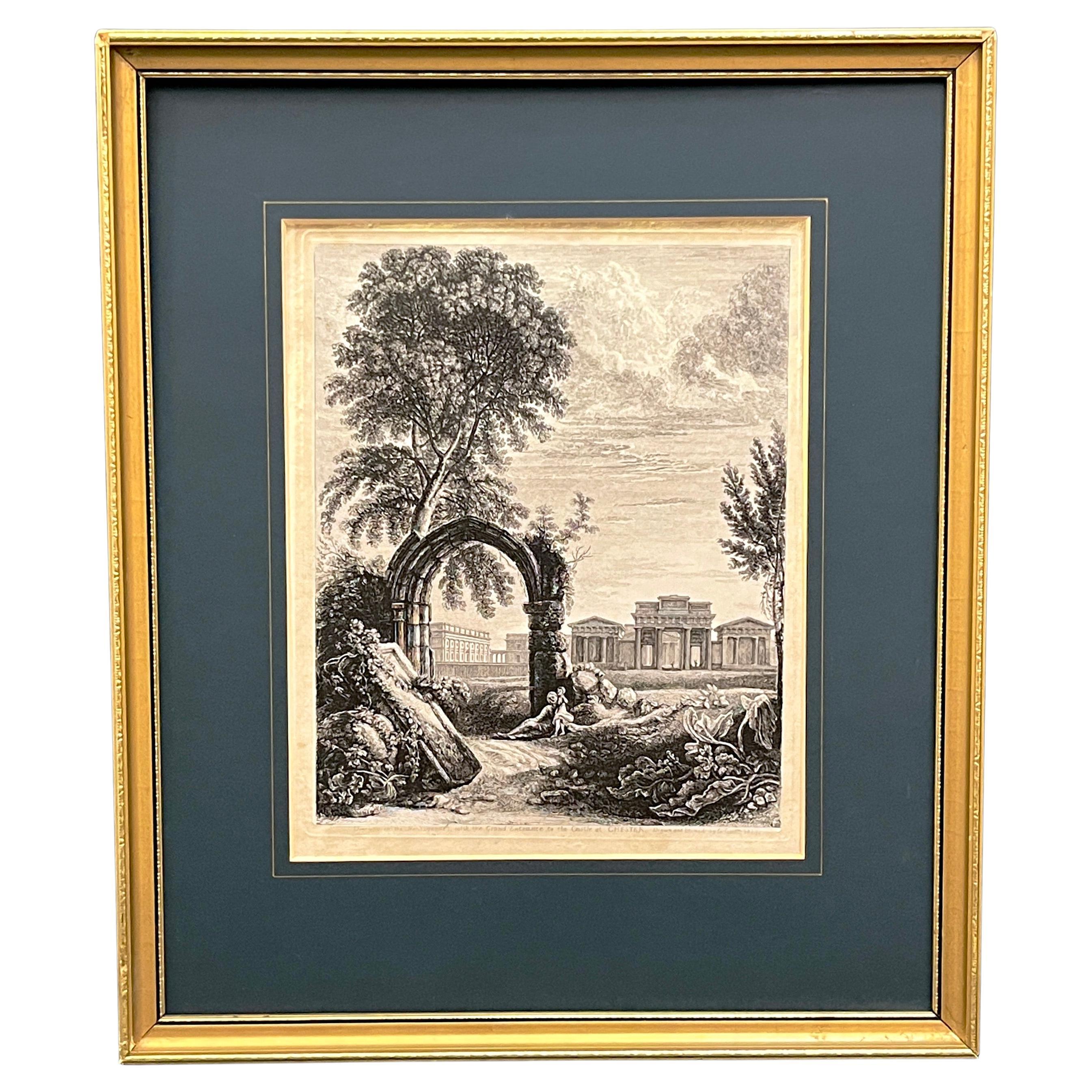 19th C. Antique English Chester Castle Gold Framed Green Mat Black White Etching For Sale