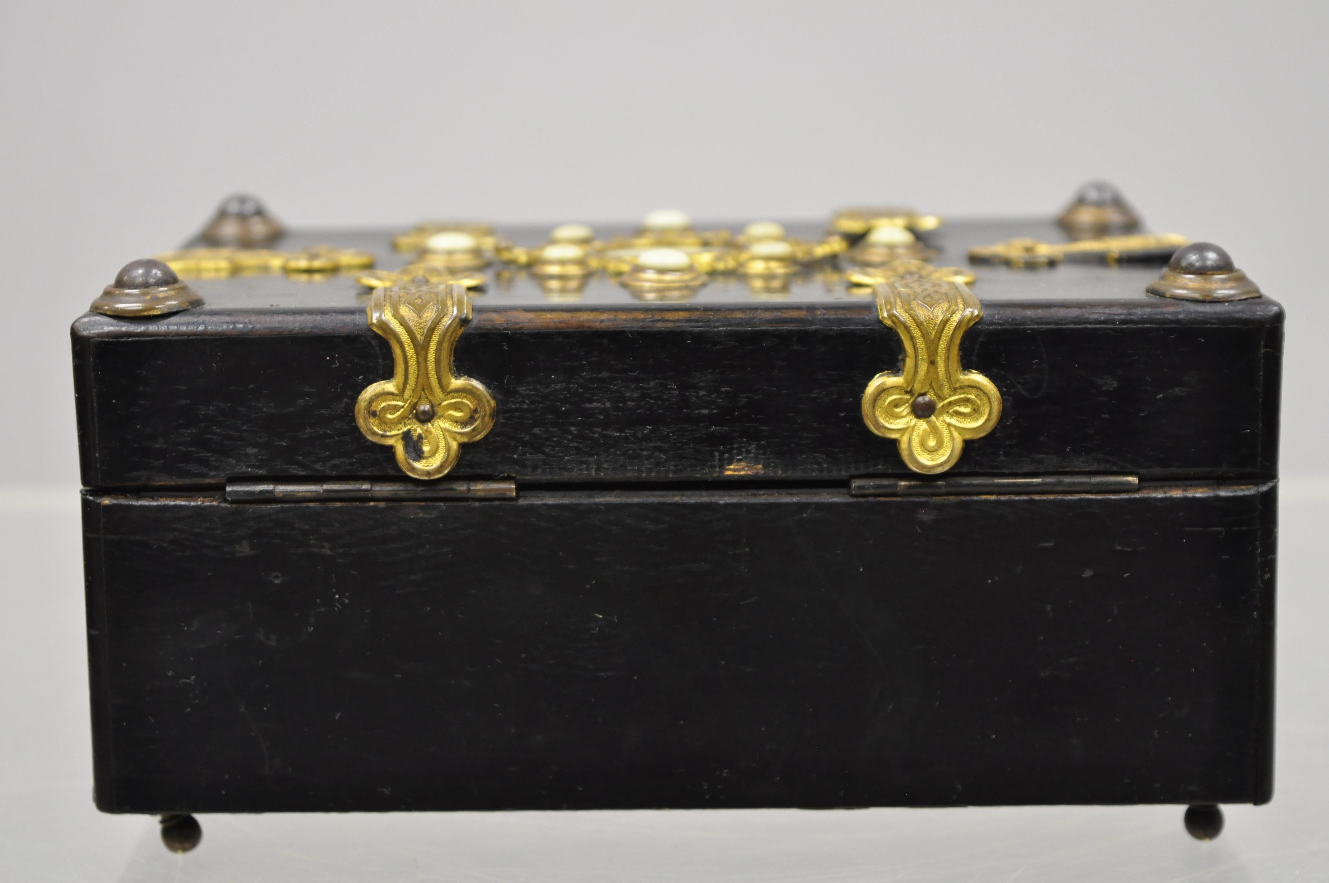 19th Century Antique English Ebonized Brass Bound Jewelry Trinket Desk Box 7