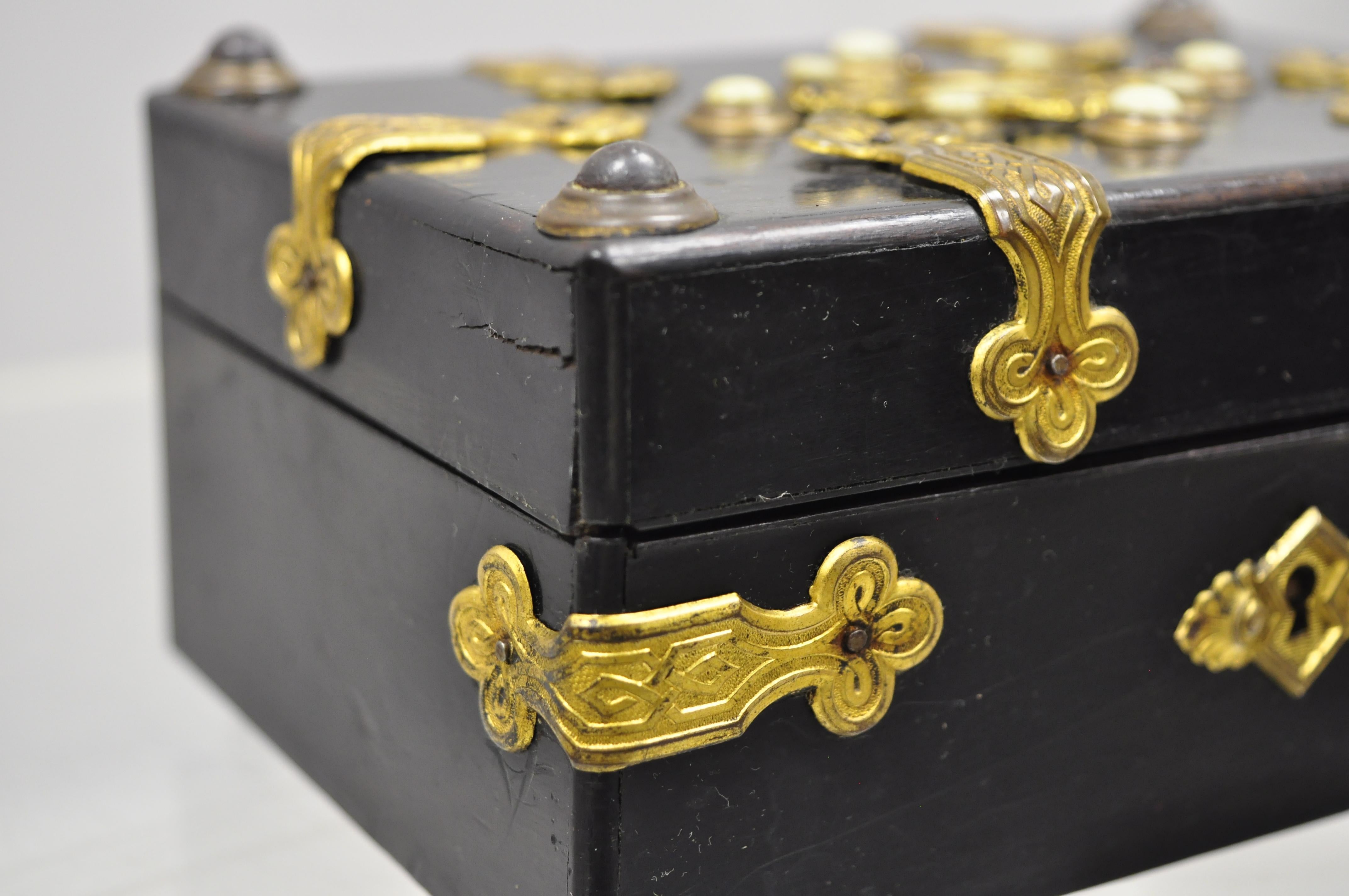 19th Century Antique English Ebonized Brass Bound Jewelry Trinket Desk Box 1