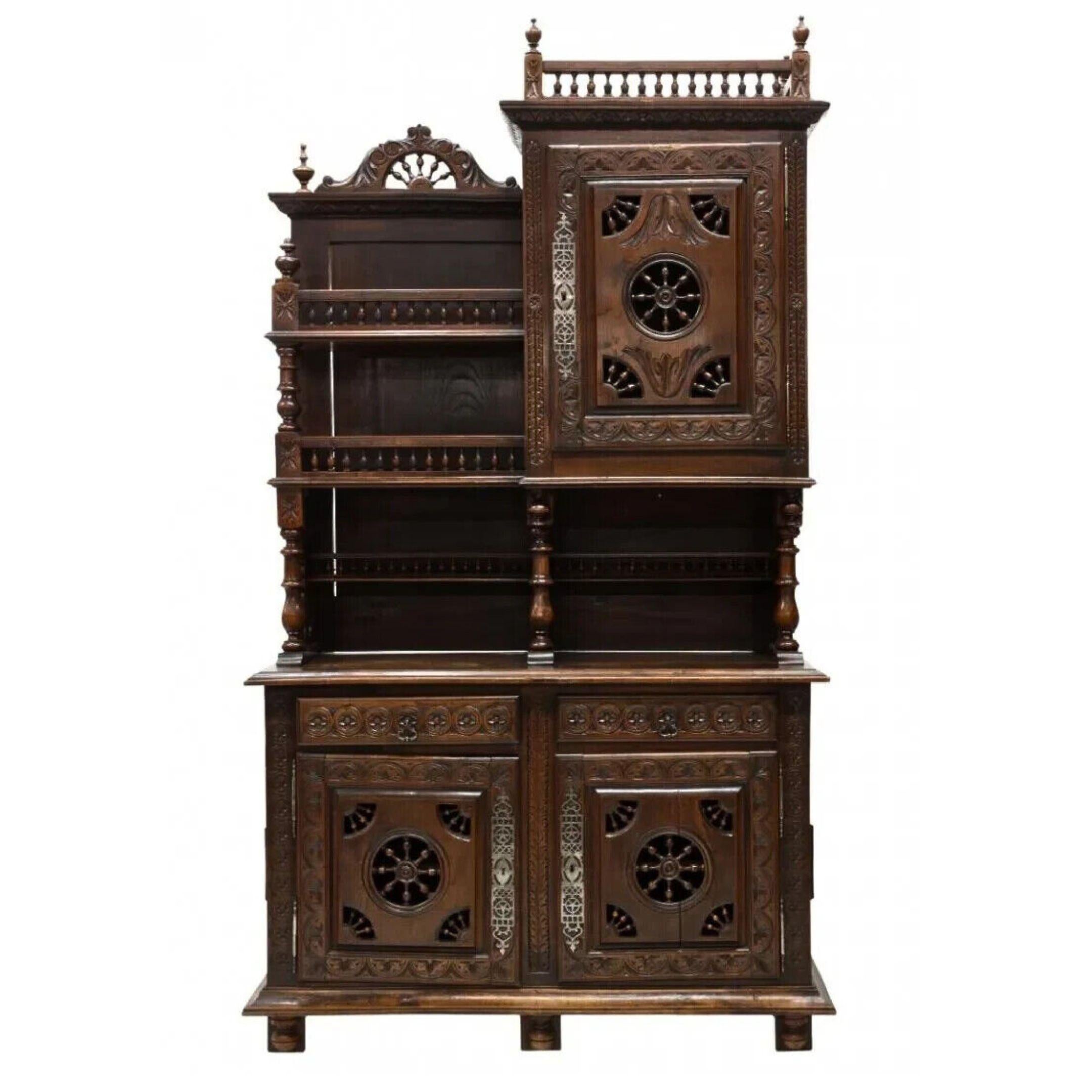 Stunning Antique Sideboard, Fine Breton Display, Spindle, Foliate, Shelves, 19th Century, 1800's, 19th Century!

This exquisite antique sideboard boasts intricate spindle and foliate carvings on dark wood tones, making it a stunning addition to any