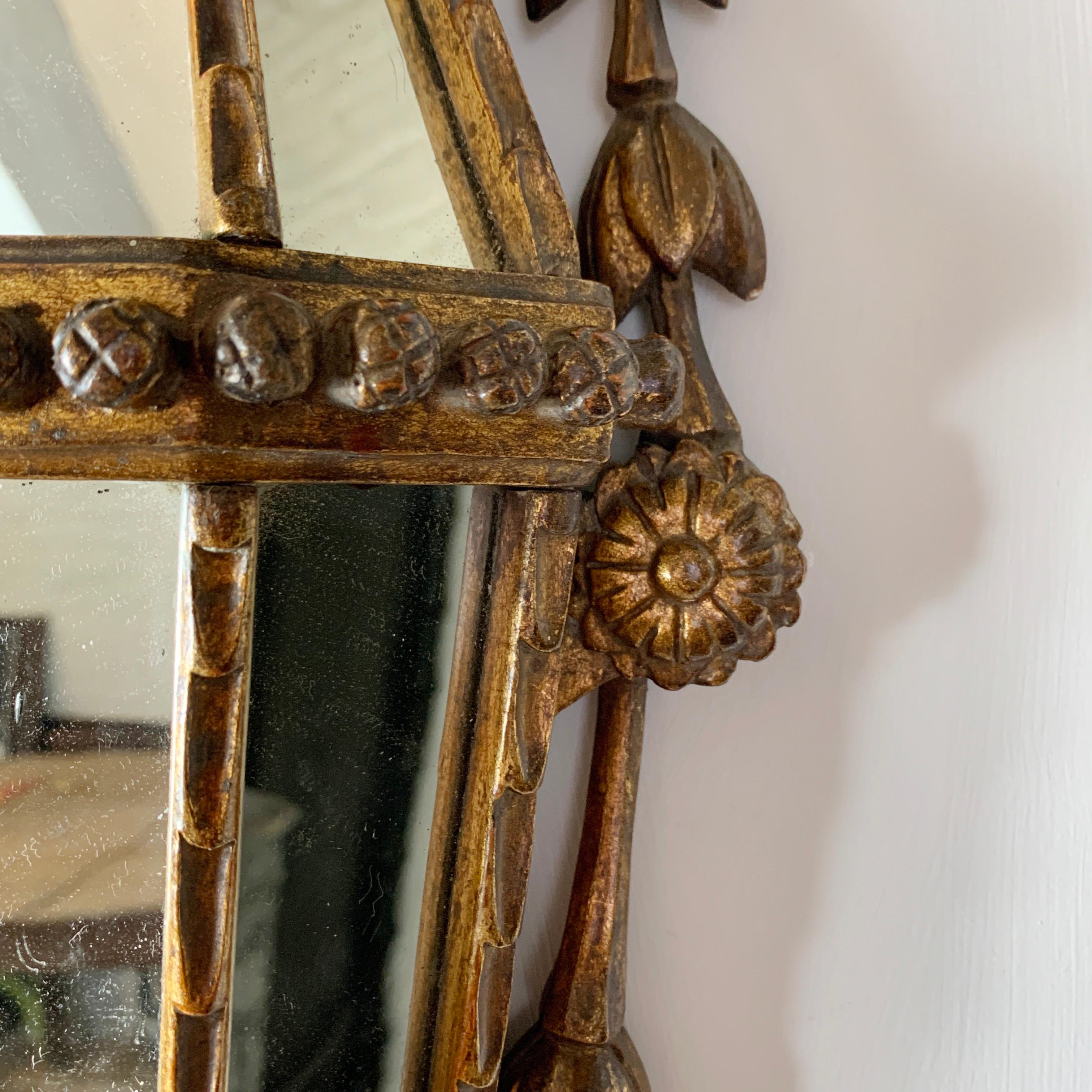 Wood 19th C Antique French, Gilt Faceted Mirror Wall Sconce For Sale