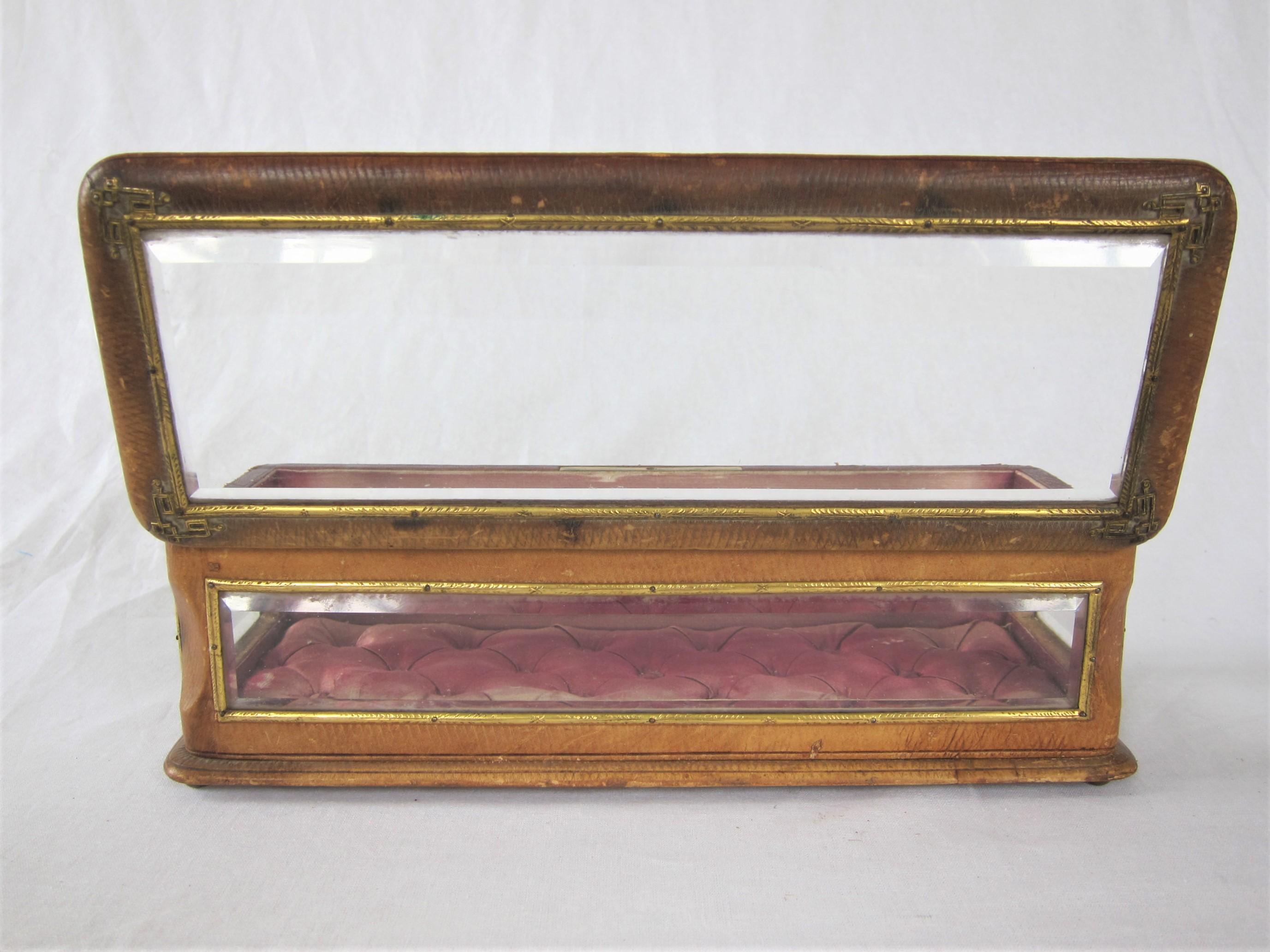Art Nouveau 19th Century Antique French Glass and Leather Jewelry Box For Sale