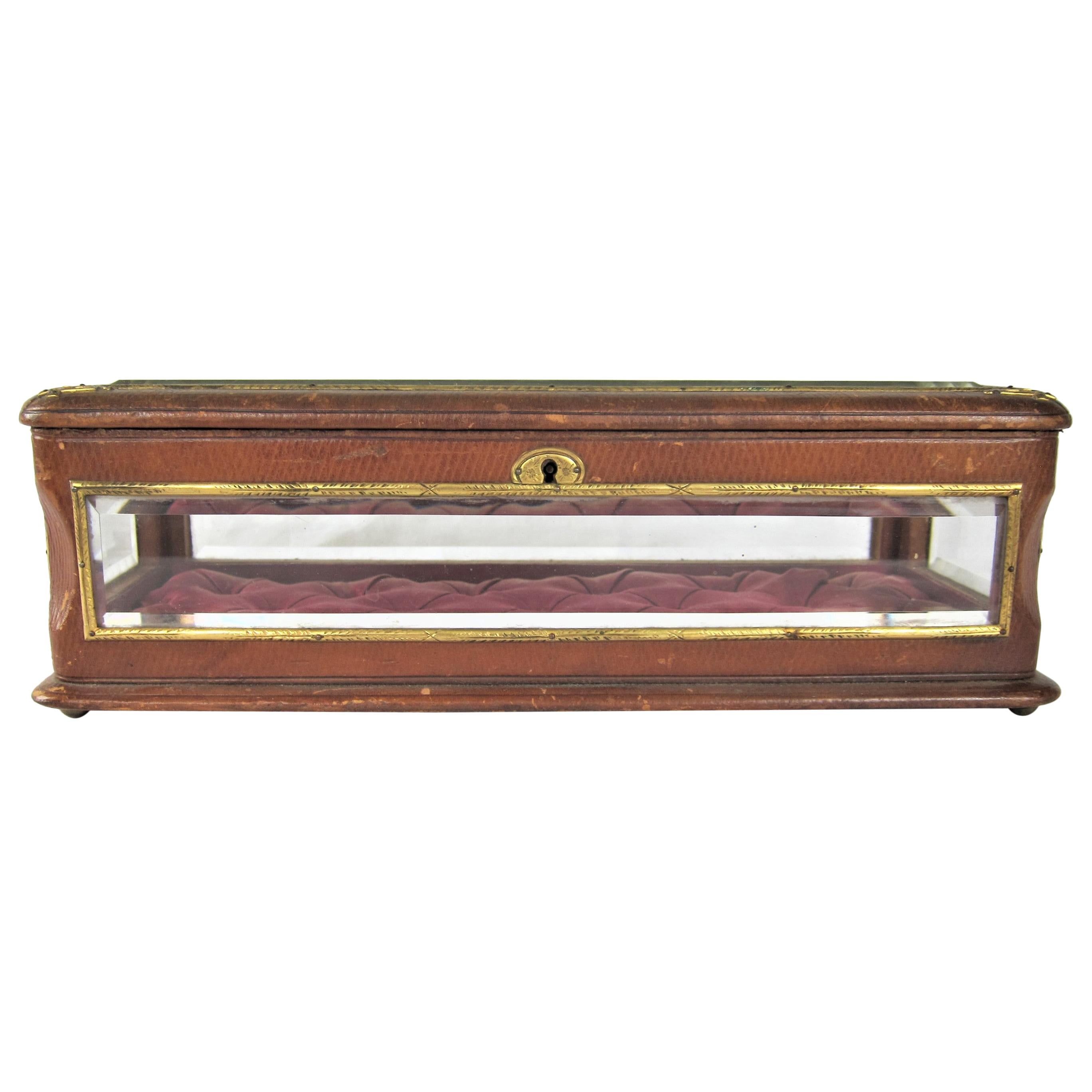 19th Century Antique French Glass and Leather Jewelry Box For Sale