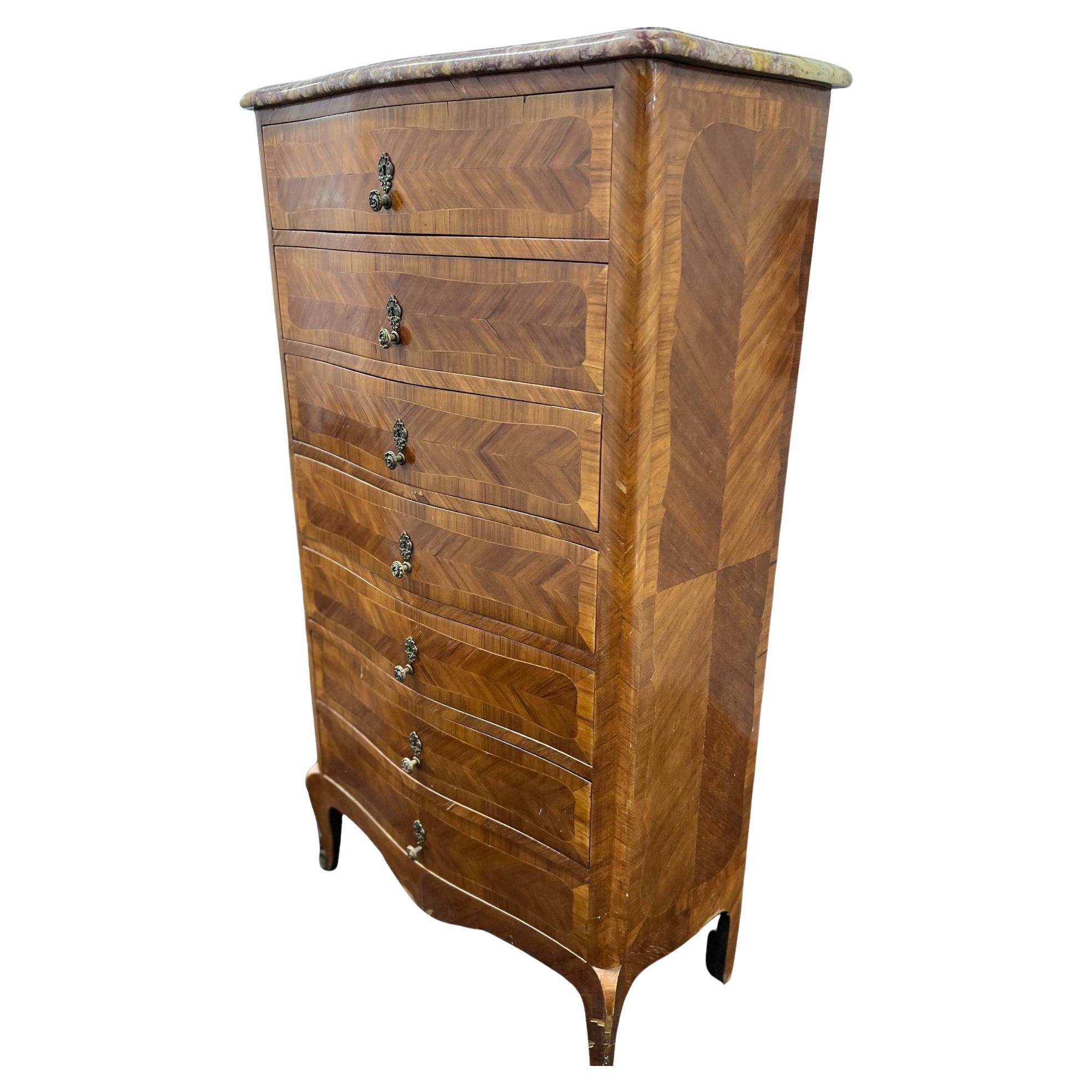 19th C. Antique French Louis XV-Style Marble-Top Semainier Chest