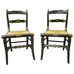 Antique 19th Century Hitchcock Style Black Hand Painted Rush Seat Side Chairs, a Pair