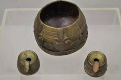 19th C. Antique Indian Brass and Wood Smoking Tobacco Jar Box Ashtray Set - 3 Pc