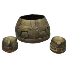 19th C. Antique Indian Brass and Wood Smoking Tobacco Jar Box Ashtray Set - 3 Pc
